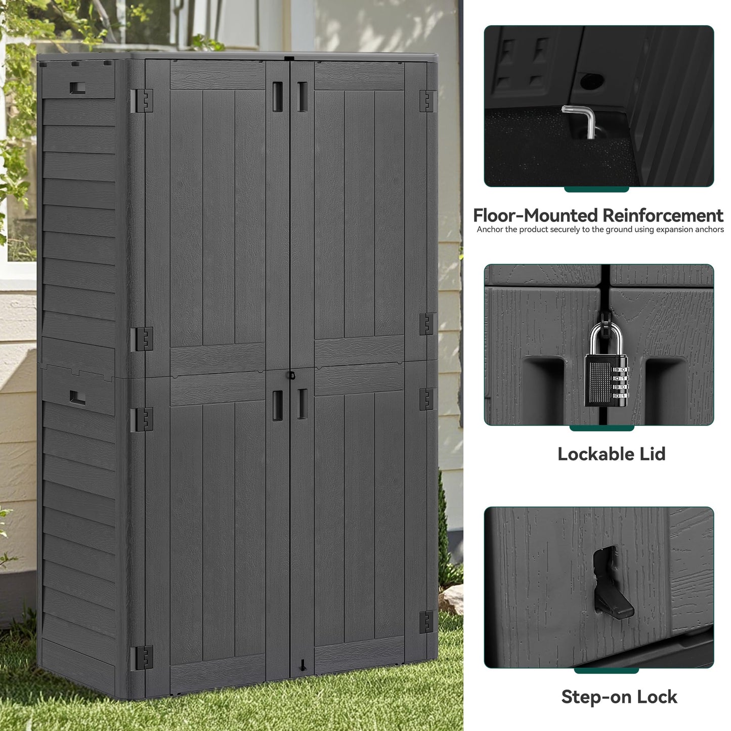 YITAHOME 60 cuft Vertical Outdoor Storage Shed w/o Shelf, Large Waterproof Storage Cabinet for Garden Shed, Tall Outdoor Storage Shed for Garage, Pool Storage, Resin, Lockable, Dark Gray