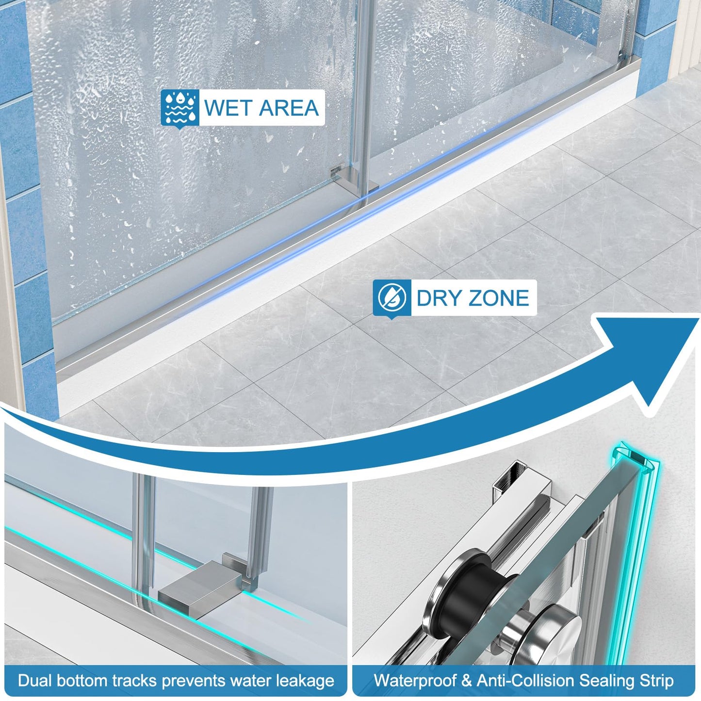 Frameless Shower Door, 56-60" W x 72" H Double Sliding Shower Doors, 1/4" (6mm) Thick Tempered Clear Glass Door with Explosion-Proof Film Nano Coating, Stainless Steel Hardware, Brushed Nickel