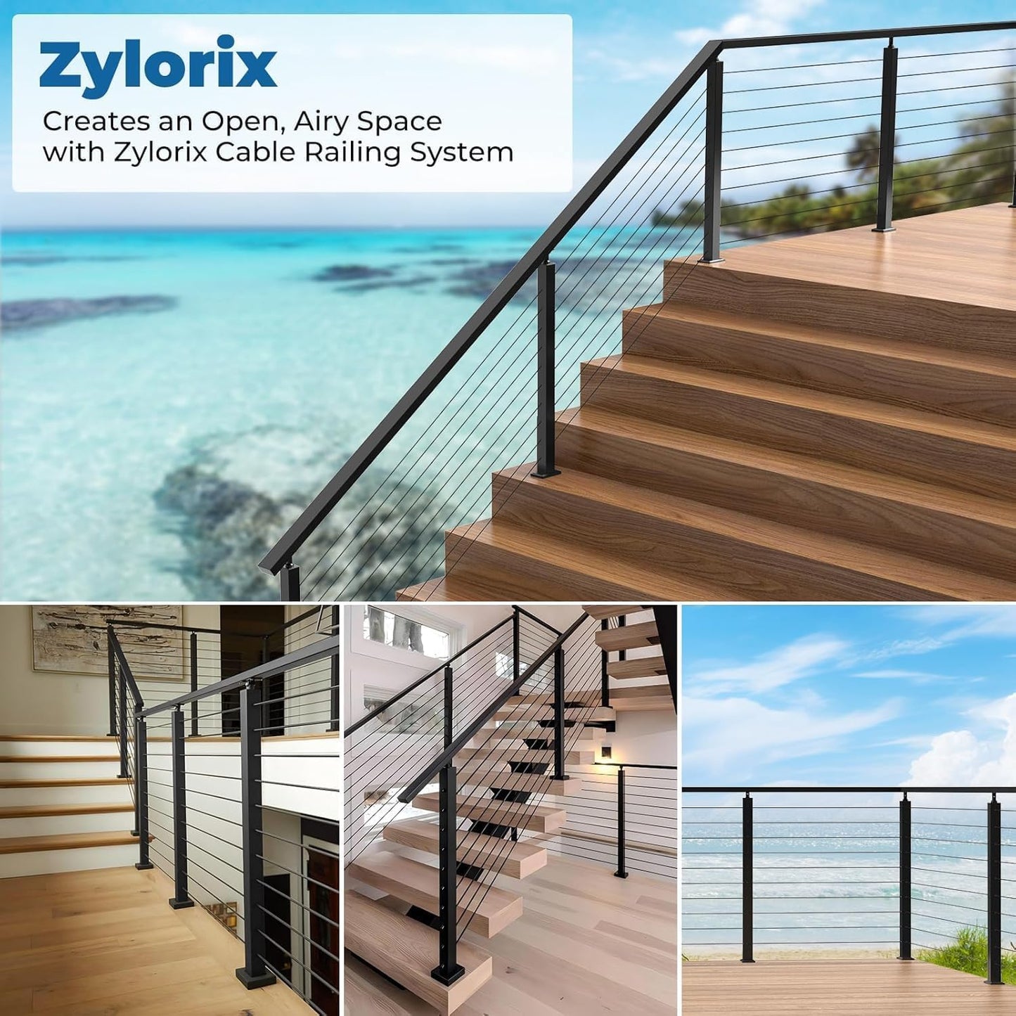 Zylorix 4Pack SS316 Cable Railing Corner Post 36" (Post 35"x2"x2") for Coastal Lake, 90° Drilled Railing Post with Cable Grommets, Adjustable Top Stainless Steel Black Finish L-drilled Staircase Post