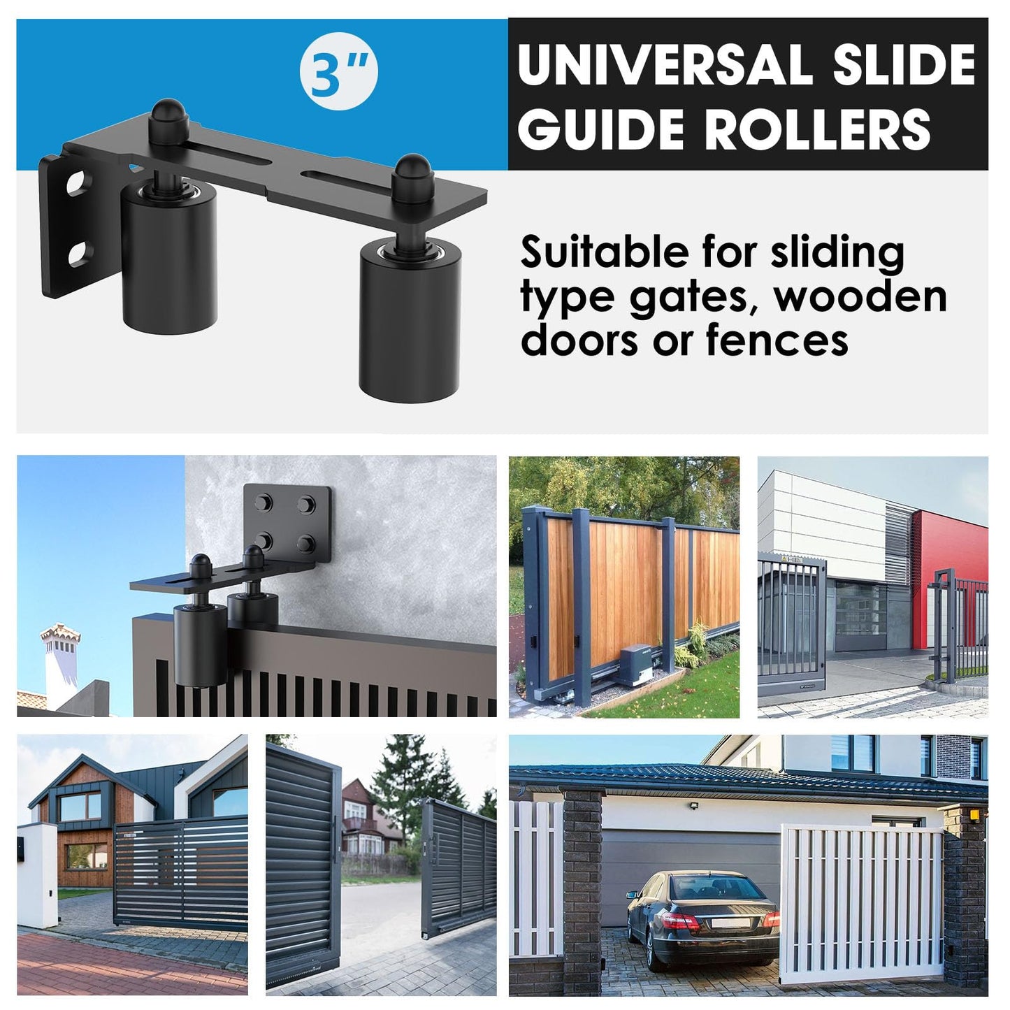 YogePote Heavy Duty Slide Gate Roller Guide with Steel L Rear Post Bracket, Adjustable Nylon Roller Guide, Rolling Gate Hardware kit for Sliding Door, Rolling Door, Wood Door (Black-1pc, 3in)