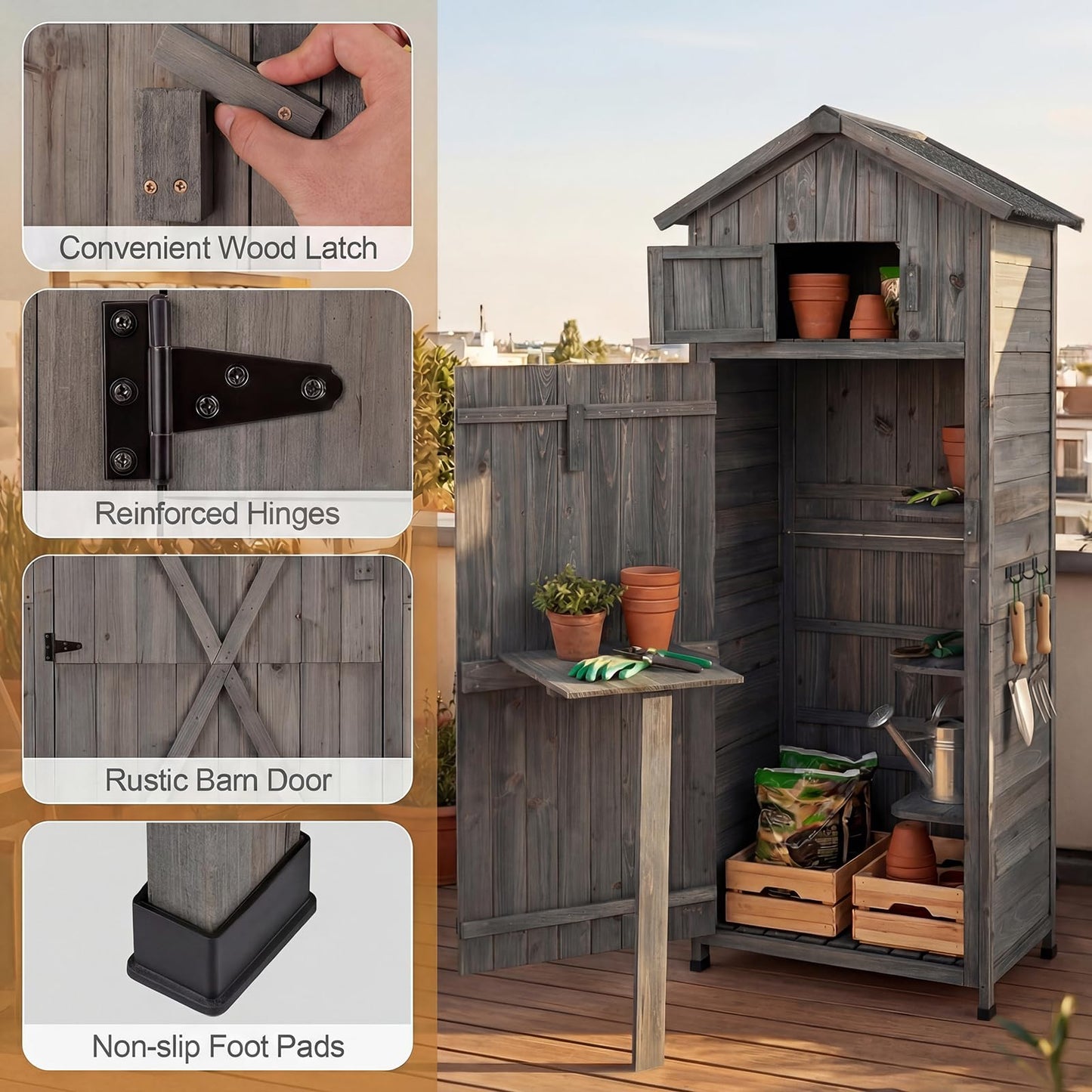 Goplus All-in-One Storage Shed, 70" Tall Wooden Lockable Cabinet w/Foldable Work Table, Vertical Utility Tool Organizer w/Shelves & Hooks, Waterproof Garden Shed for Patio Backyard (Gray)