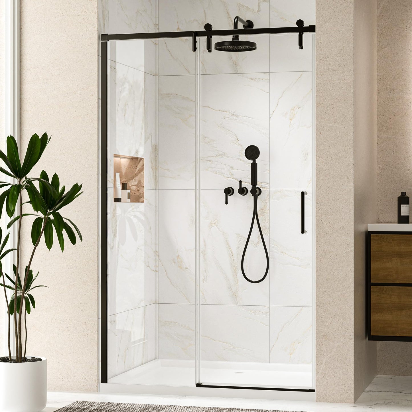 Keonjinn Sliding Shower Door, 44-48" W x 76" H Semi-Frameless Shower Door, 1/4" (6mm) Clear SGCC Tempered Clear Glass with Nano Coating, Silent Soft-Close Design, Matte Black