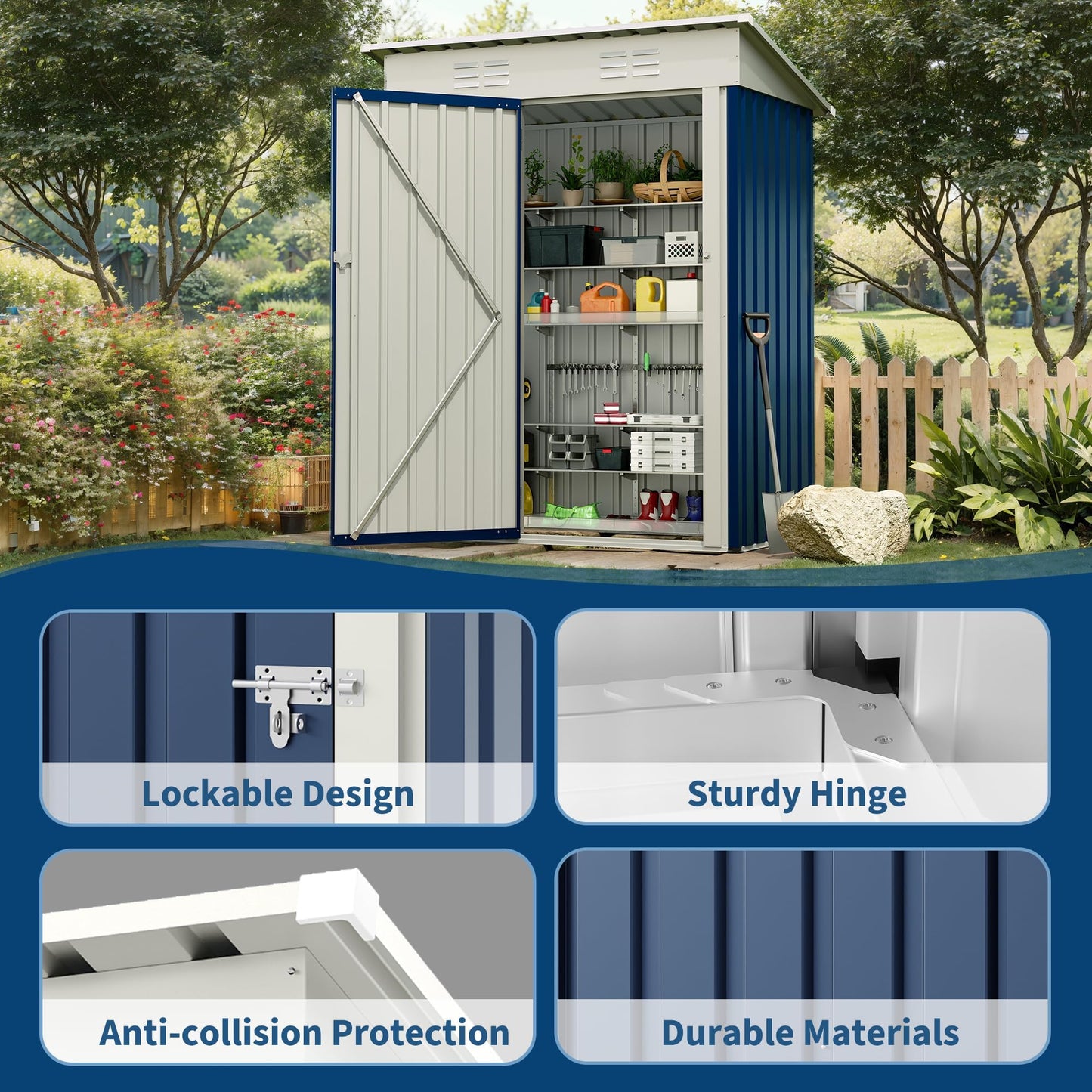 Outdoor Storage Shed, 5x3 ft Metal Tool Shed with Clear Window, 450CU.T Waterproof Garden Shed with Sloping Roof and Lockable Door, Compact Utility Shed for Backyard, Patio, Lawn