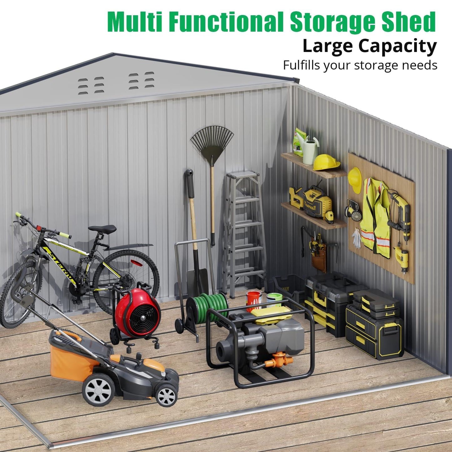 10x12 FT Outdoor Metal Storage Shed with Lockable Door - Large Waterproof Galvanized Steel Shed, Pitched Roof & Vents for Tools, Lawn Mower, Bike, Garbage Cans, Backyard, Garden (Grey)