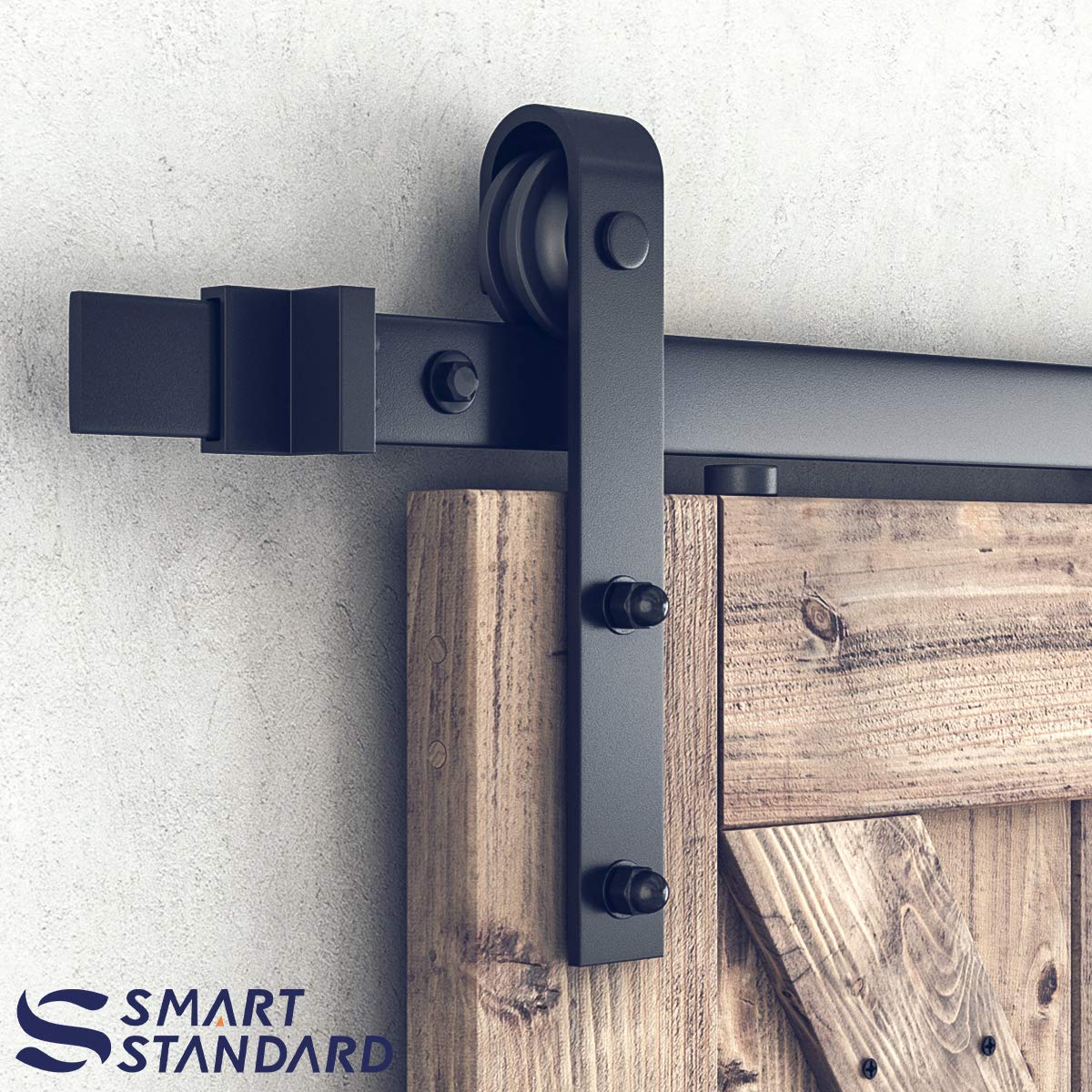 SMARTSTANDARD 5 Feet Heavy Duty Sturdy Sliding Barn Door Hardware Kit-Smoothly and Quietly-Includes Detailed Installation Fit 30" Wide Doorpanel (J Shape Hanger) Black