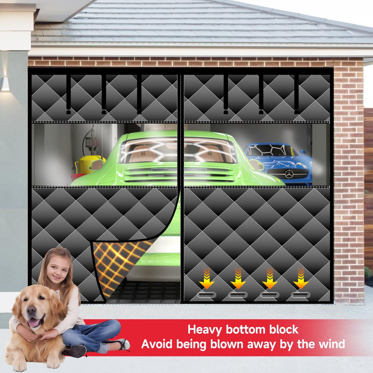 Magnetic Thermal Insulated Door Curtain with Detachable Visible Windows, Thicken Polyester Fiberfill & Durable Oxford Fabric, Hands Free Windproof Door Screen, Fit Doors Size Up to 9 x 7 FT, Black