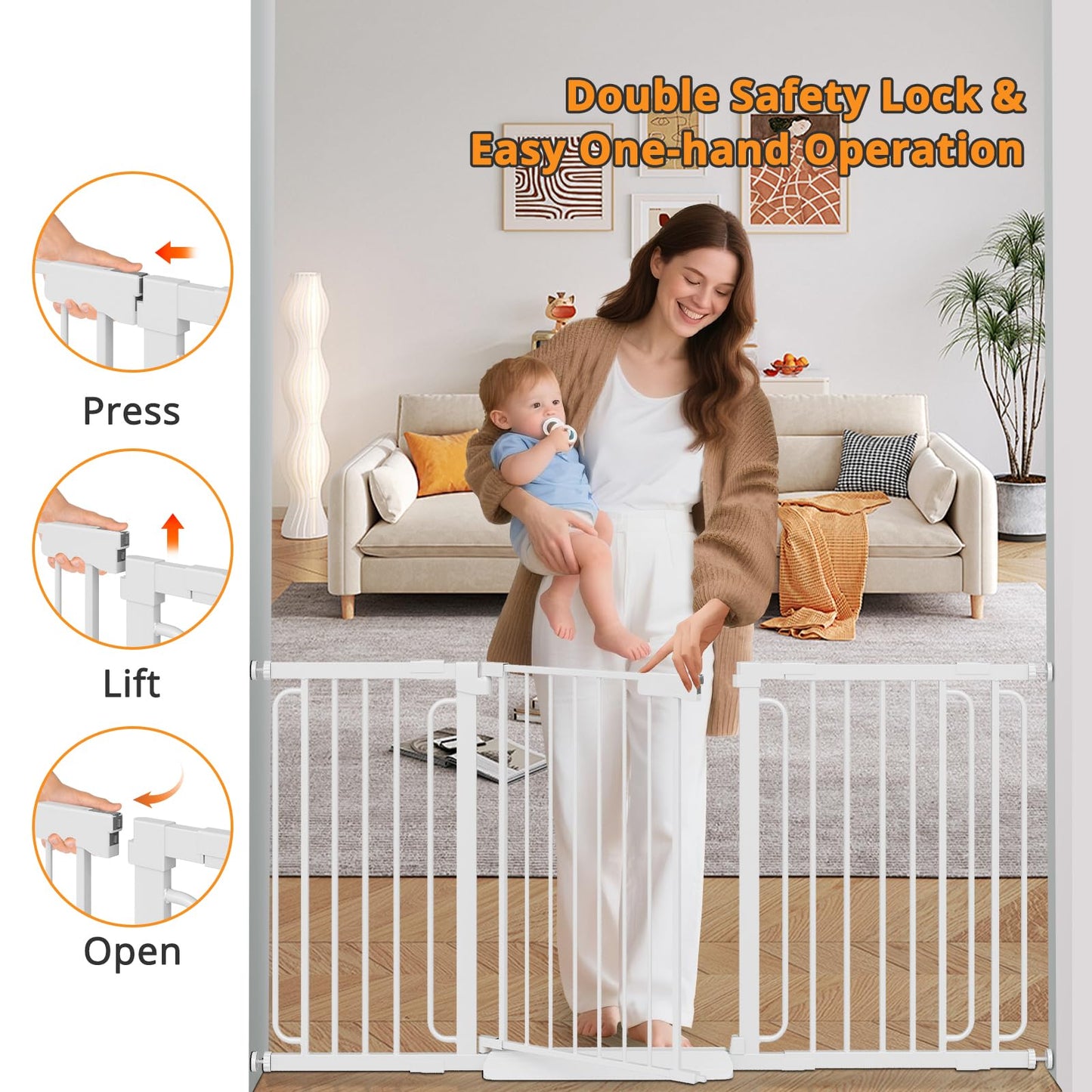 Extra Wide Baby Gate with Door 85.7-101.5 Inch Pressure Mounted, Auto Close Child Baby Gates for Doorways No Drill, Walk Through Dog Gate Indoor for The House, White