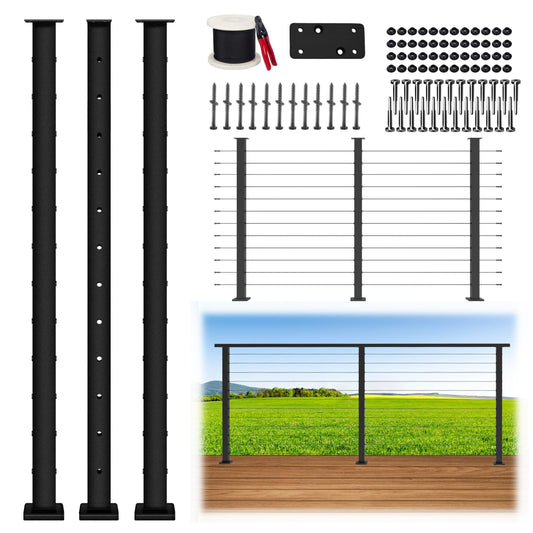 Patavin 10FT 42" Complete Black Cable Railing Post Kit 3 line Post Kit -Cable Railing System for Deck Easy DIY (No Handrail)