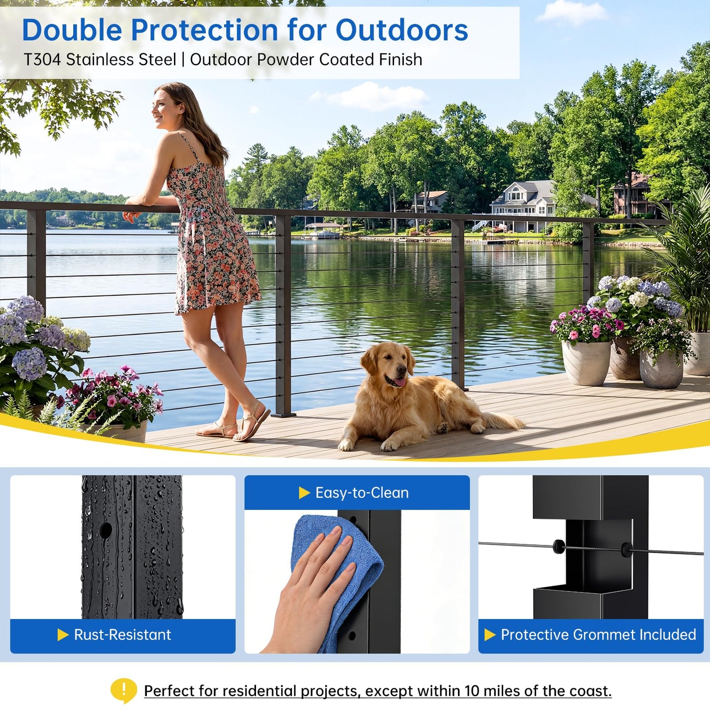 Zylorix 36" Swageless Level Cable Railing Post for Deck Cable Railing, T304 Stainless Steel Surface Mount 180° Drilled Deck Post with Upgraded Black Powder Coating for Indoor Outdoor Porch