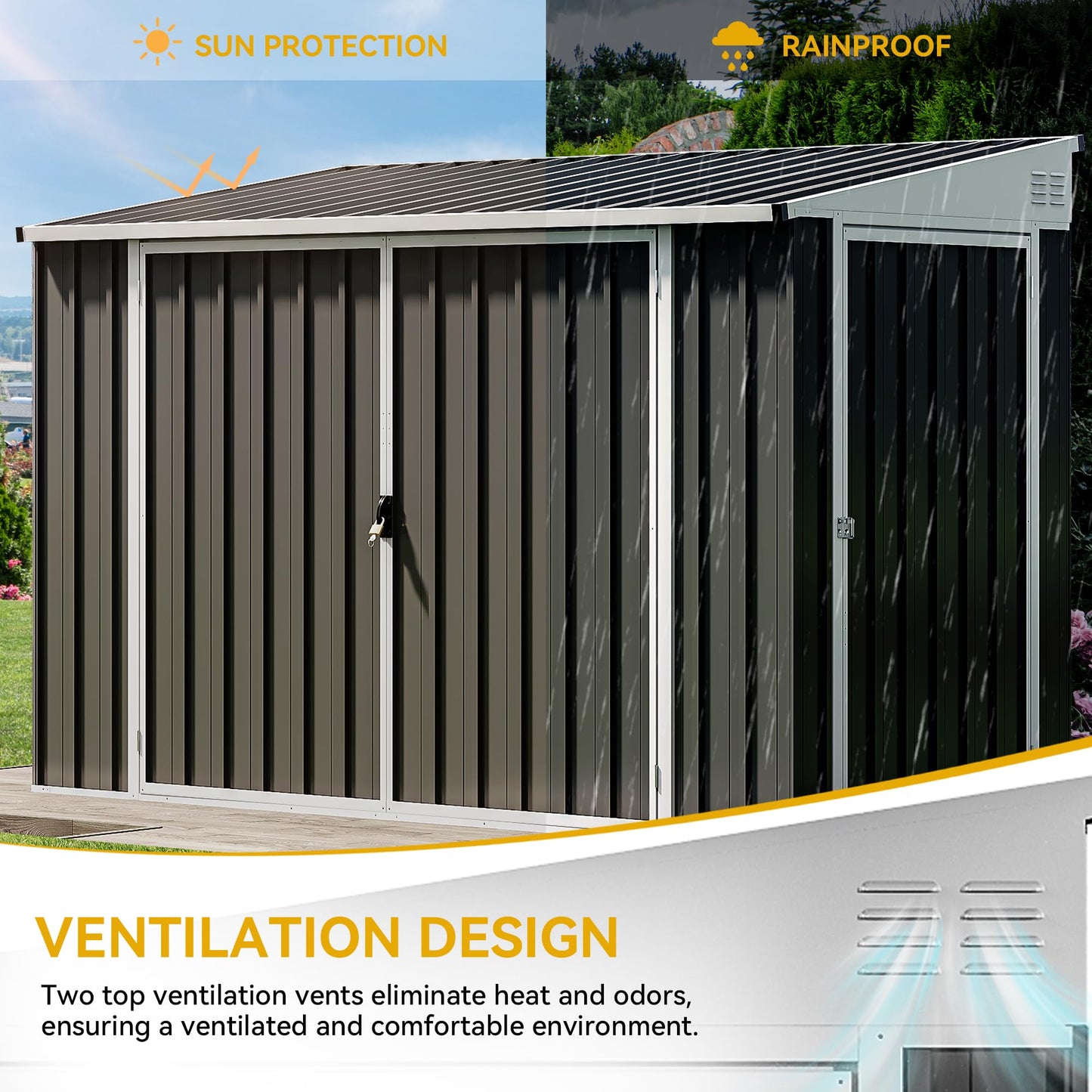 DWVO Outdoor Storage Shed, Waterproof Metal Garden Shed with Lockable Door, Storage Shed for Bike, Garbage Can, Lawnmower, Tool (4 x 8 FT)