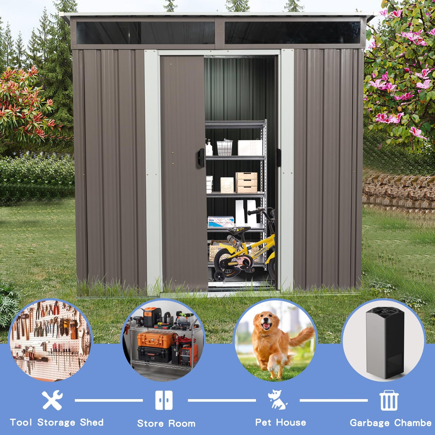 6FT x 5FT Outdoor Storage Shed, Heavy Duty Galvanized Steel Garden Shed with Sloped Roof, Sliding Lockable Doors, Punched Vents & Foundation Kit, Weather Resistant Tool Shed, Grey with Window
