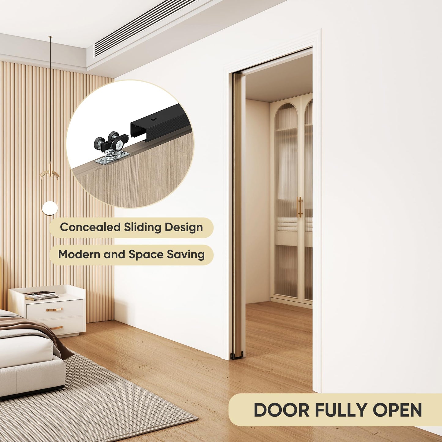 JUBEST 5FT Pocket Door Kit, Commercial Grade Sliding Pocket Door Hardware Kit, Aluminum Box Pocket Door Track 56.75", Sliding Door Kit for 24"~30" Wide Door, Black Pocket Door Hardware,Easy to Install