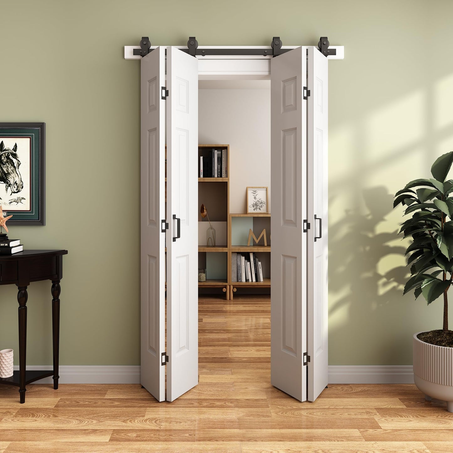 JUBEST 48"x 84" Bifold Barn Door, 6 Panel Bifold Sliding Barn Doors with 4.3FT Hardware Kit Included, Primed Doors Surface, Hollow-core & MDF Molded Panel, Four 12" x 84" Door Panels, DIY Available