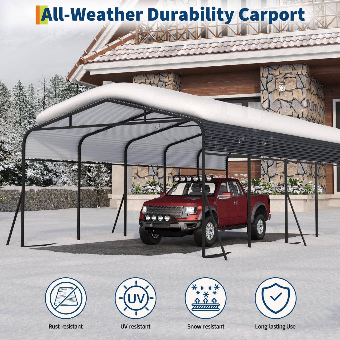 PeakPursuit Metal Carport, 13x26 FT Outdoor Car Port Canopy with Galvanized Steel Roof and Reinforced Base, Heavy Duty Garage Car Shelter Shade for SUV, Truck, Boats