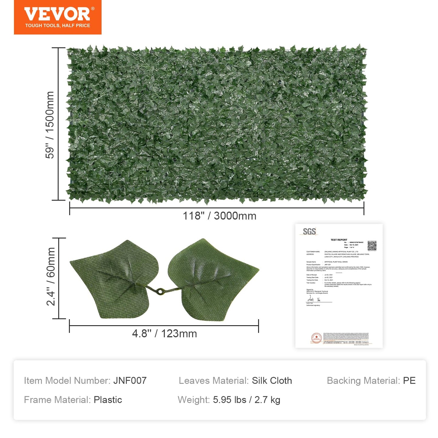 VEVOR Artificial Ivy Privacy Fence Screen, 59 x 118 in Faux Ivy Vine Leaf Hedges Fence, Greenery Privacy Fence with Mesh Cloth Backing, Green Wall Decoration for Outdoor Garden, Yard, Balcony