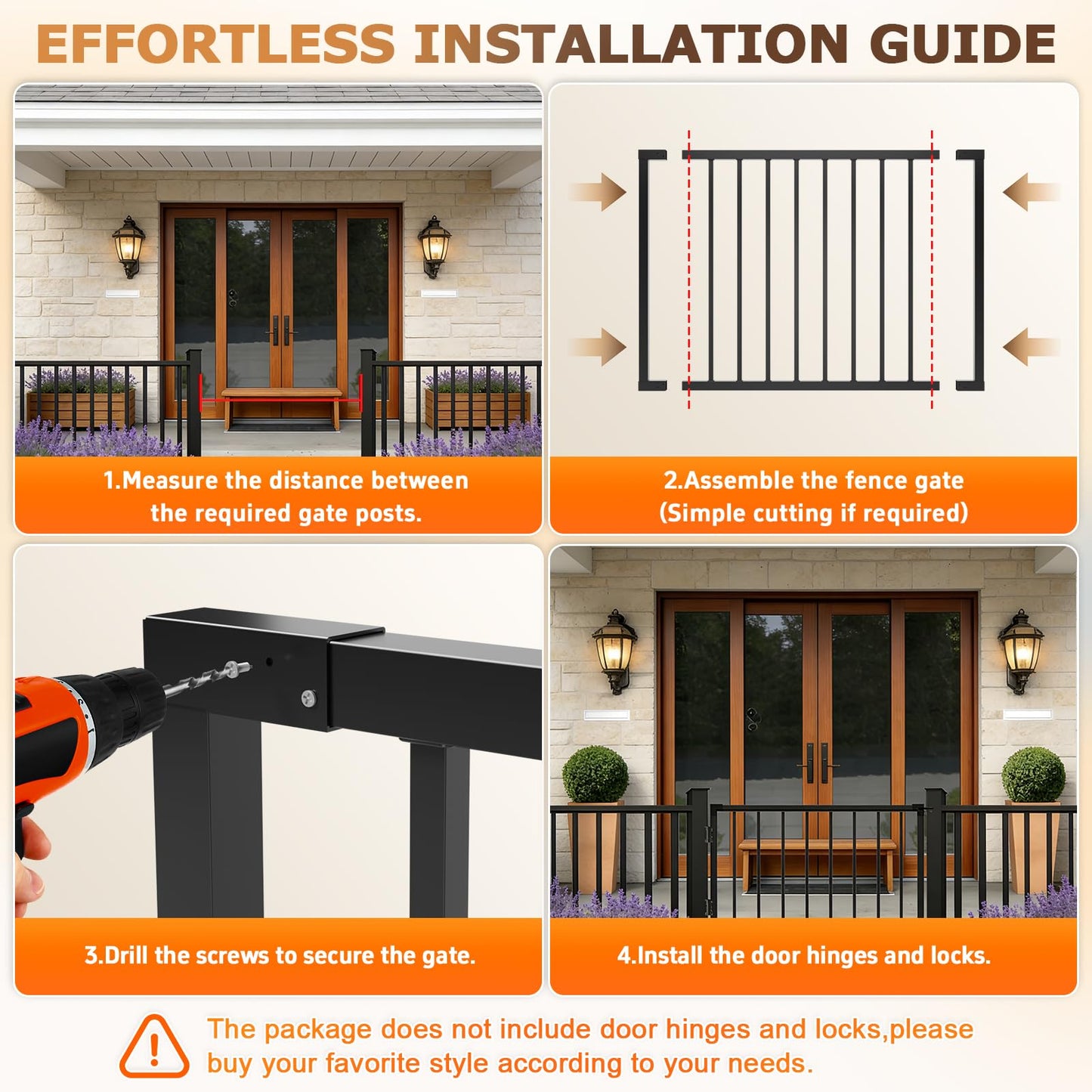 Deck Fence Gate Outdoor 32.5" Hx48 W Heavy Duty Steel Anti-Rust Door with Customizable Width, Metal Gate for Residential, Yard, Patio(No Hinge)