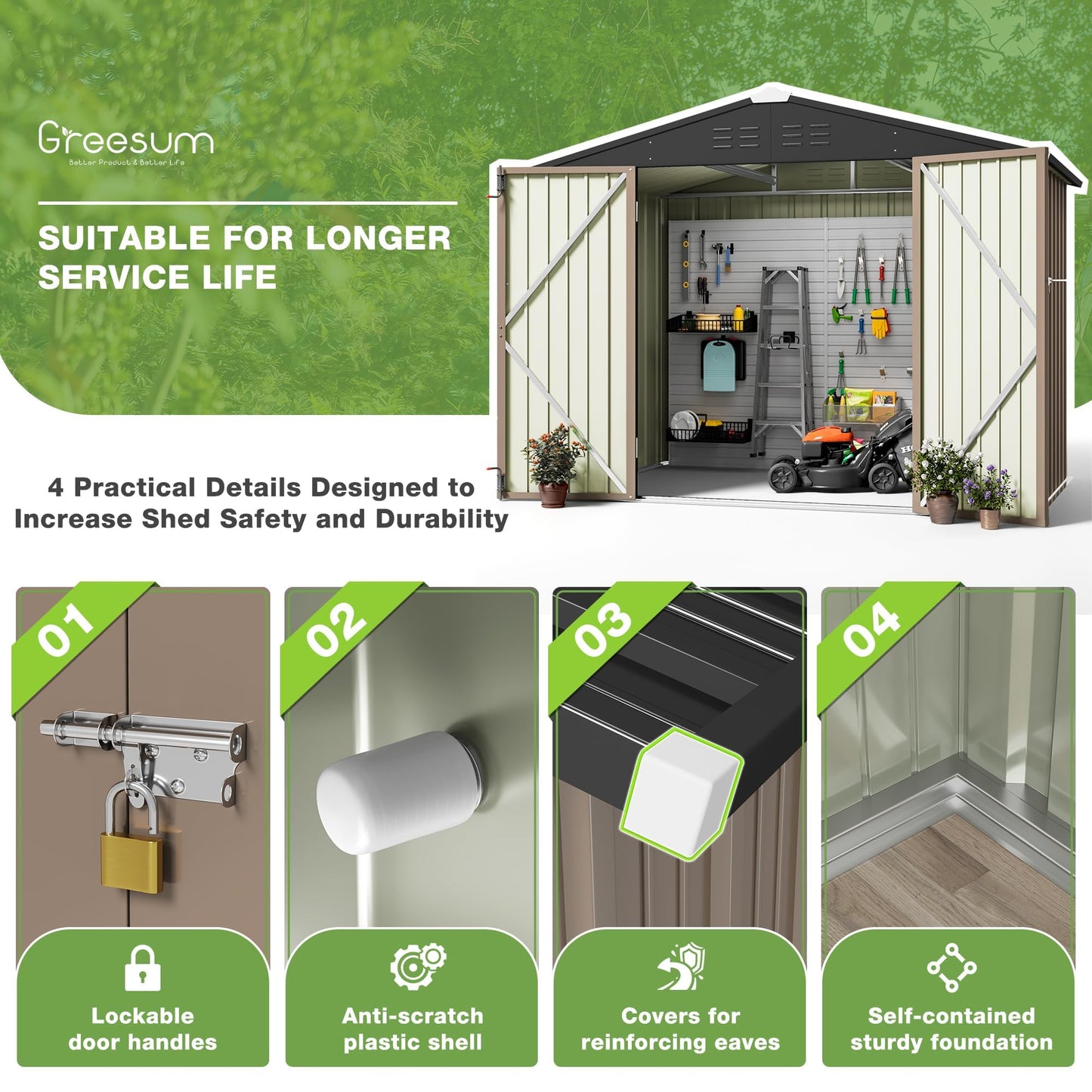 Greesum 8x6FT Outdoor Storage Shed, Utility Tool Shed with Sloping Roof, Metal Storaged Garden Shed with Door & Lock for Patio Storage, Brown