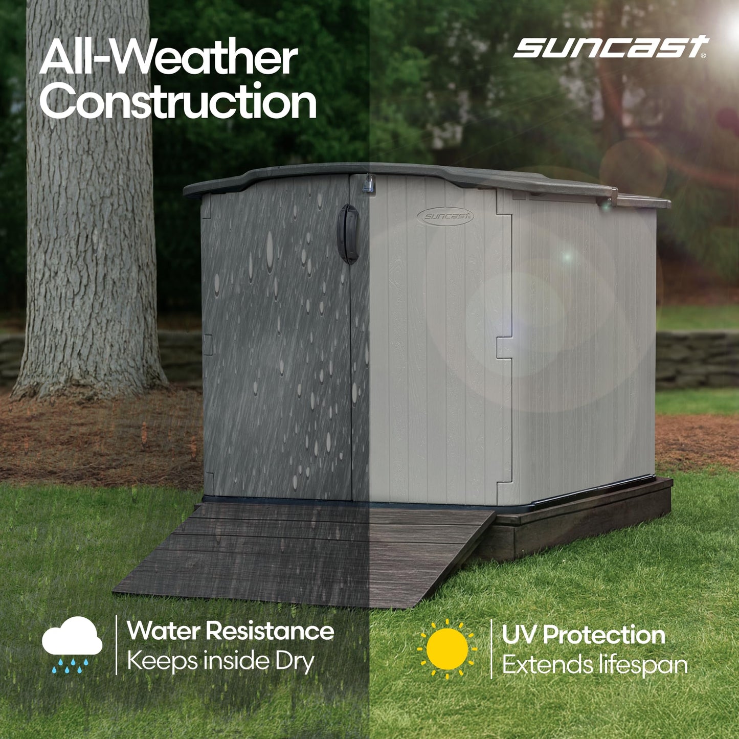 Suncast 138 Cu Ft Horizontal Outdoor Storage Shed, 57.5"x79.75"x52" Glidetop Outdoor Shed with Sliding Lid, Resin Storage Sheds with Floor for Bikes, Motorcycles, & Lawn Mower, Made in The USA