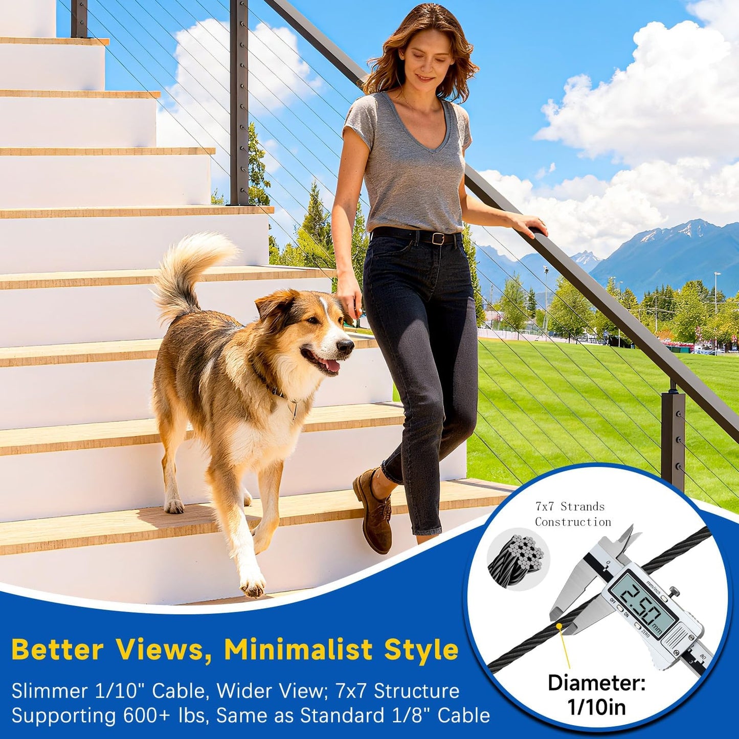 Zylorix 36" 8-16FT Swageless Modular Black Cable Railing System Post Kit with 2 Stair Posts Fit 28-38 Degree Stairway, T304 Stainless Steel, Patent Reusable Cable Railing Kit, Upgraded Powder Coated
