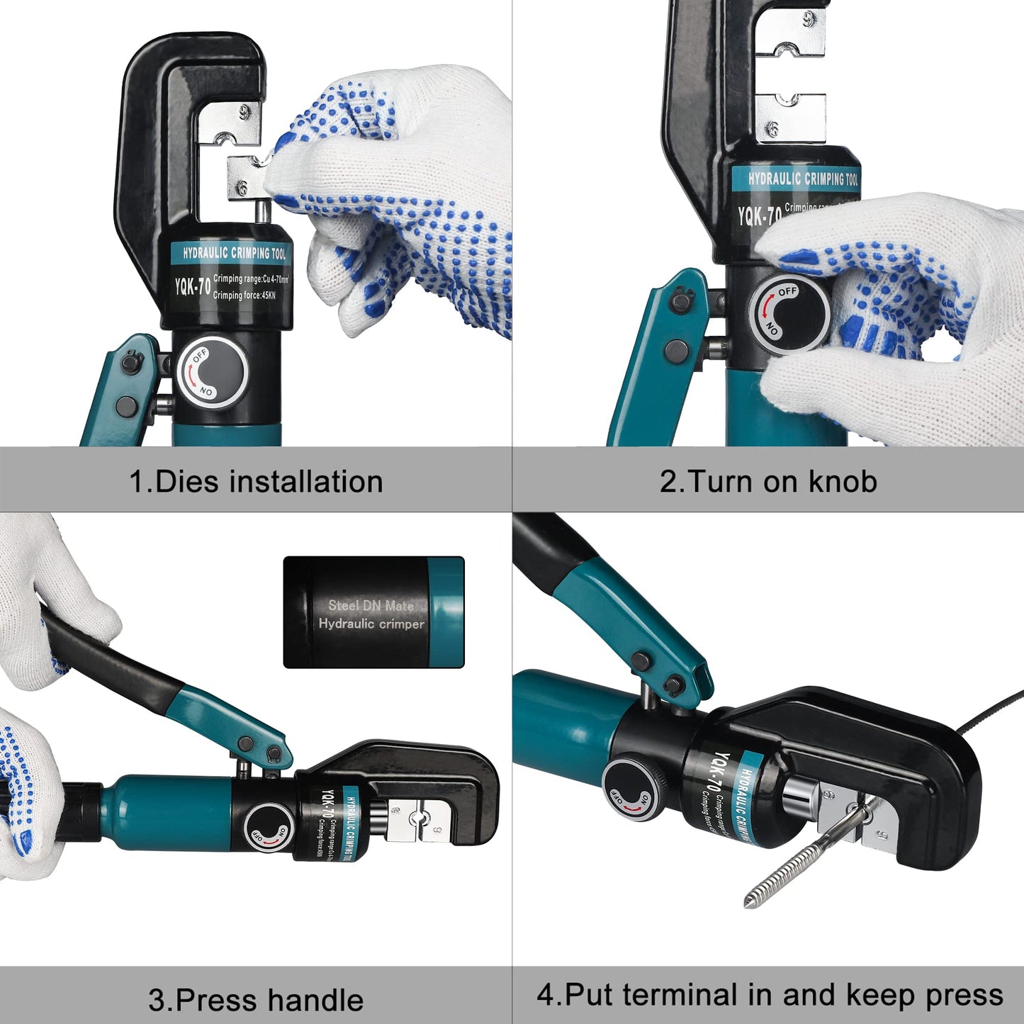 Hydraulic Crimping Tool for 1/8"-3/16" Cable Railing, Easy One-Hand Use, 10-Ton Crimper with 9 Harden Dies for 12-2/0 AWG, Steel DN Mate Durable Wire Crimper, Battery Cable Crimper DC01