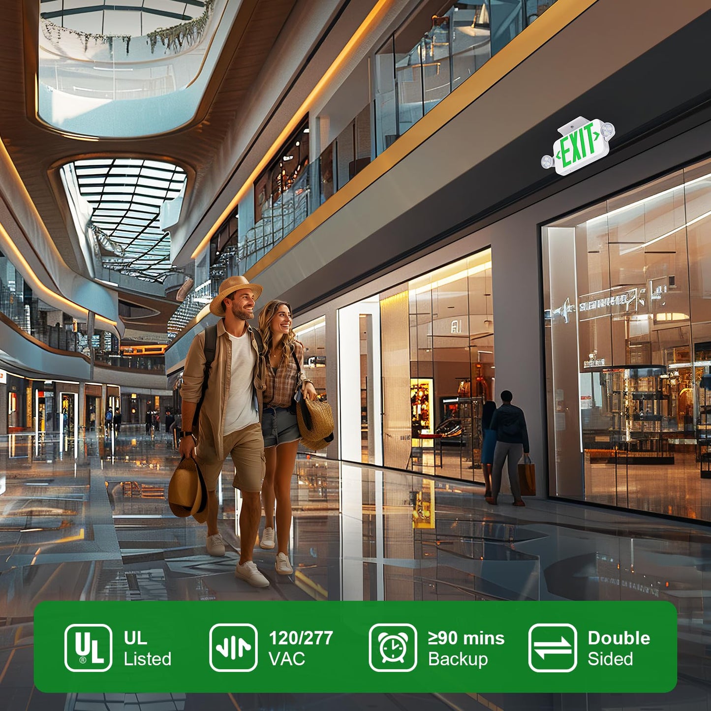 Emergency Exit Sign Lights Combo with Battery Backup, Double Sided Hardwired 6 Leds Exit Signs, Adjustable Heads Green Emergency Exit Lighting Ceiling/Wall Mount, UL Listed, AC 120/277V (1 Pack)