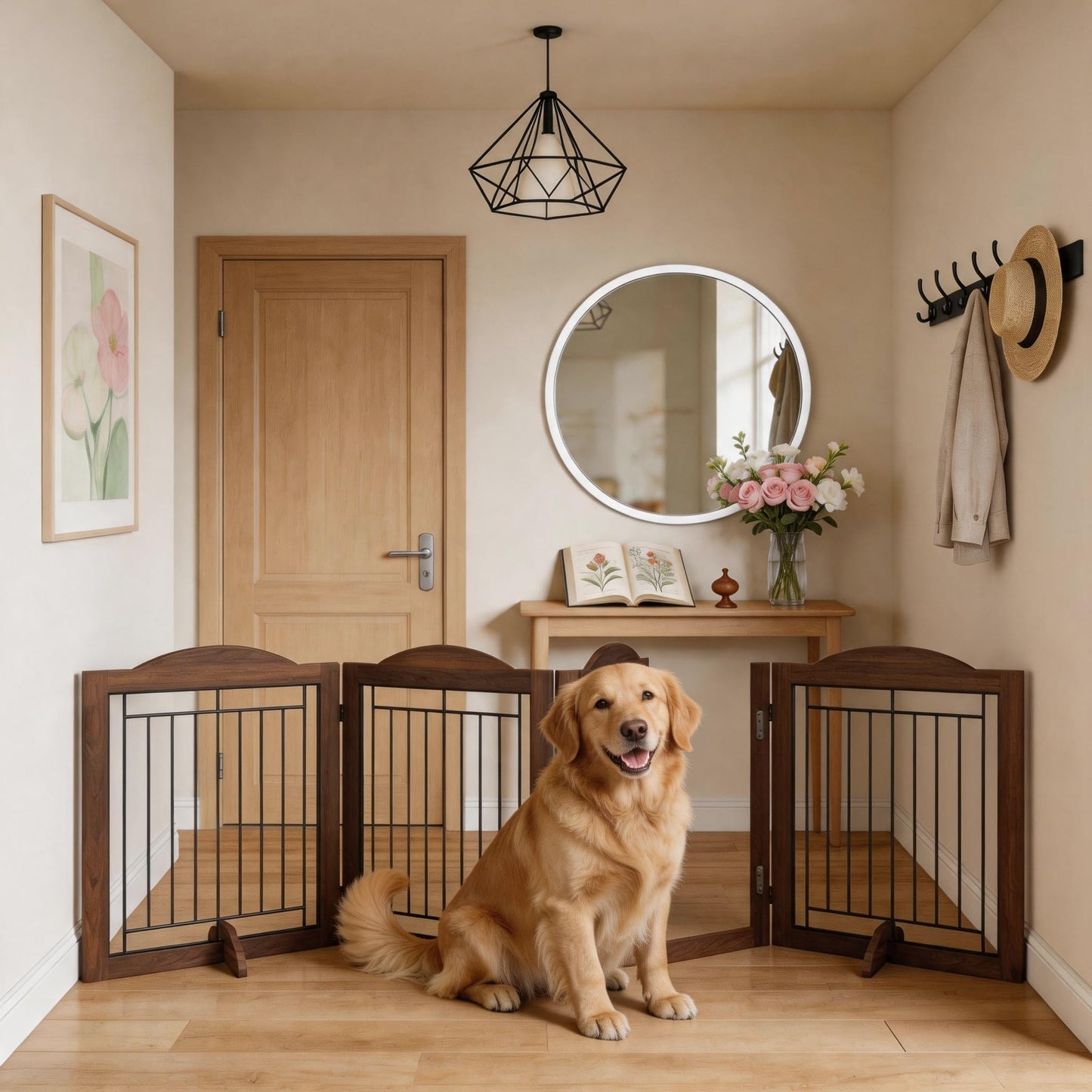 Vantas Folding No-Assembly Dog Door Pet Gate 96" Wide, 30" Tall Wooden Dog Gate with Door Walk Through, Freestanding Wire Pet Gate, Pet Puppy Safety Fence, with 2PCS Support – Brown