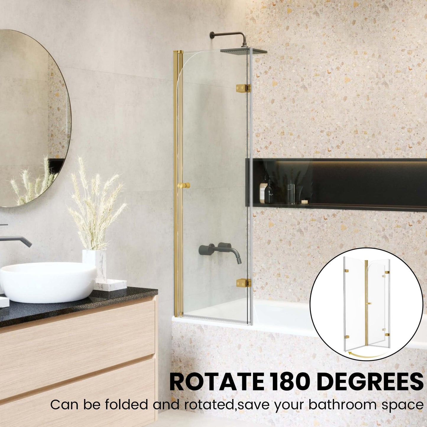 Bathroom Frameless Hinged Foldable Tub Door, Shower Glass Door 43 * 58” Shower Screen Panel with Tempered Glass (6mm), Fixed Clamps Included, Brushed Gold