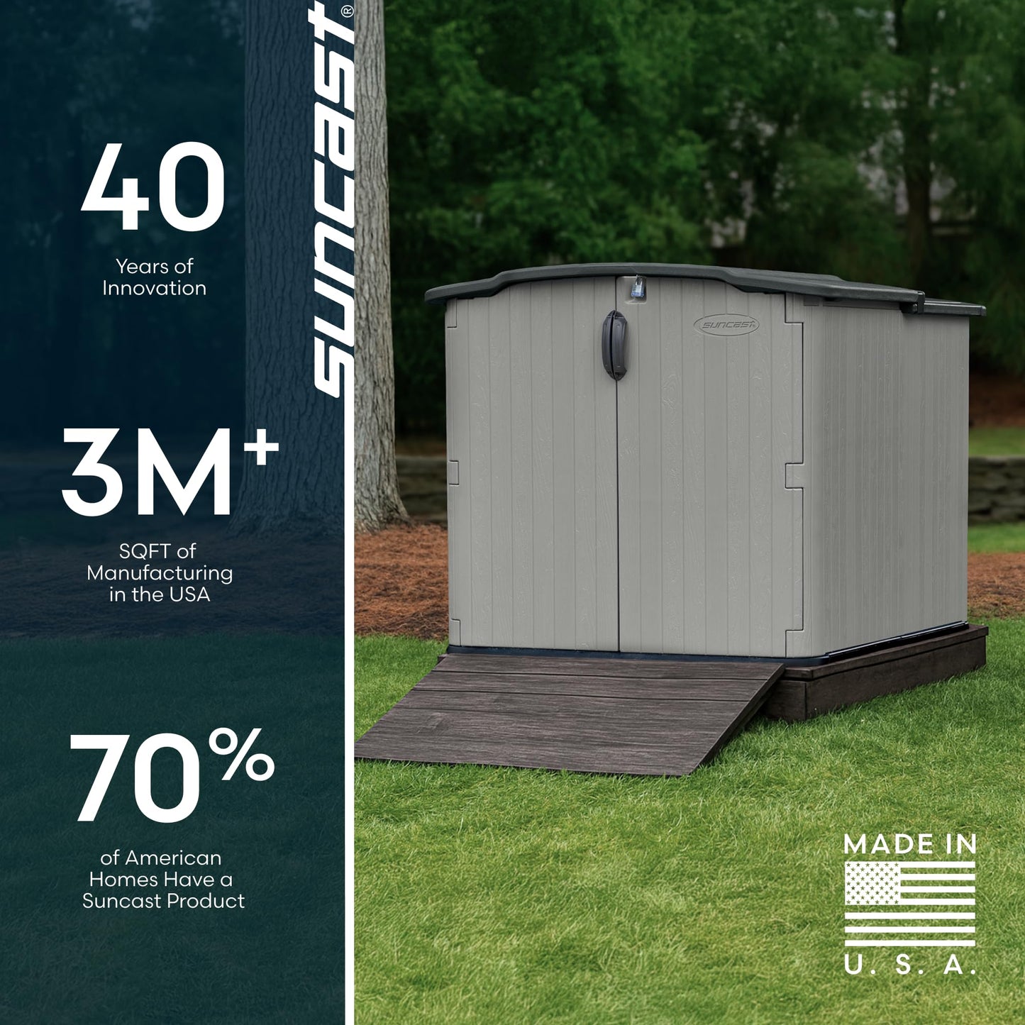 Suncast 138 Cu Ft Horizontal Outdoor Storage Shed, 57.5"x79.75"x52" Glidetop Outdoor Shed with Sliding Lid, Resin Storage Sheds with Floor for Bikes, Motorcycles, & Lawn Mower, Made in The USA
