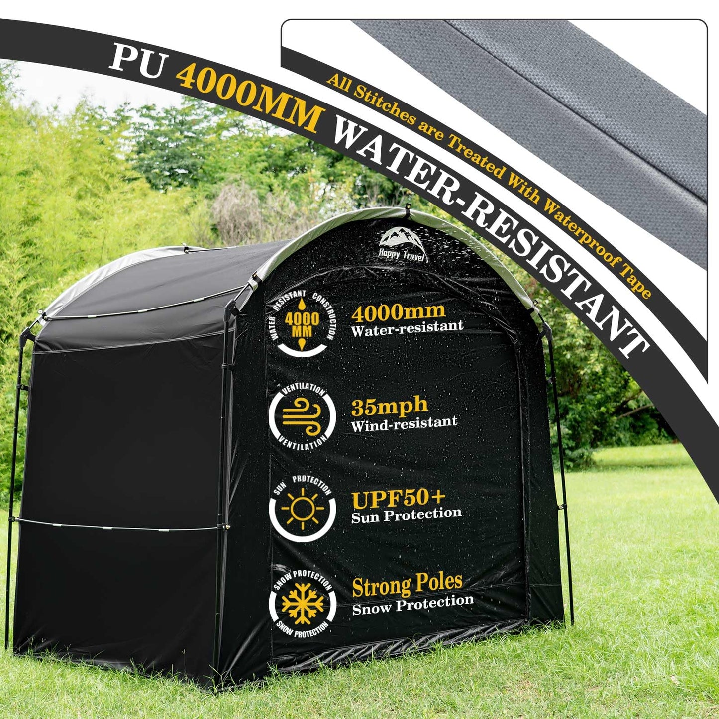 Happy Travel Bike Storage Shed Tent, Waterproof Portable Bicycle Cover with 30% More Top Storage Space for 2/3/4/5 Bikes,Clips Easy Setup Outdoor Sheds Shelter for Motorcycle, Garden Tools, Lawn Mower