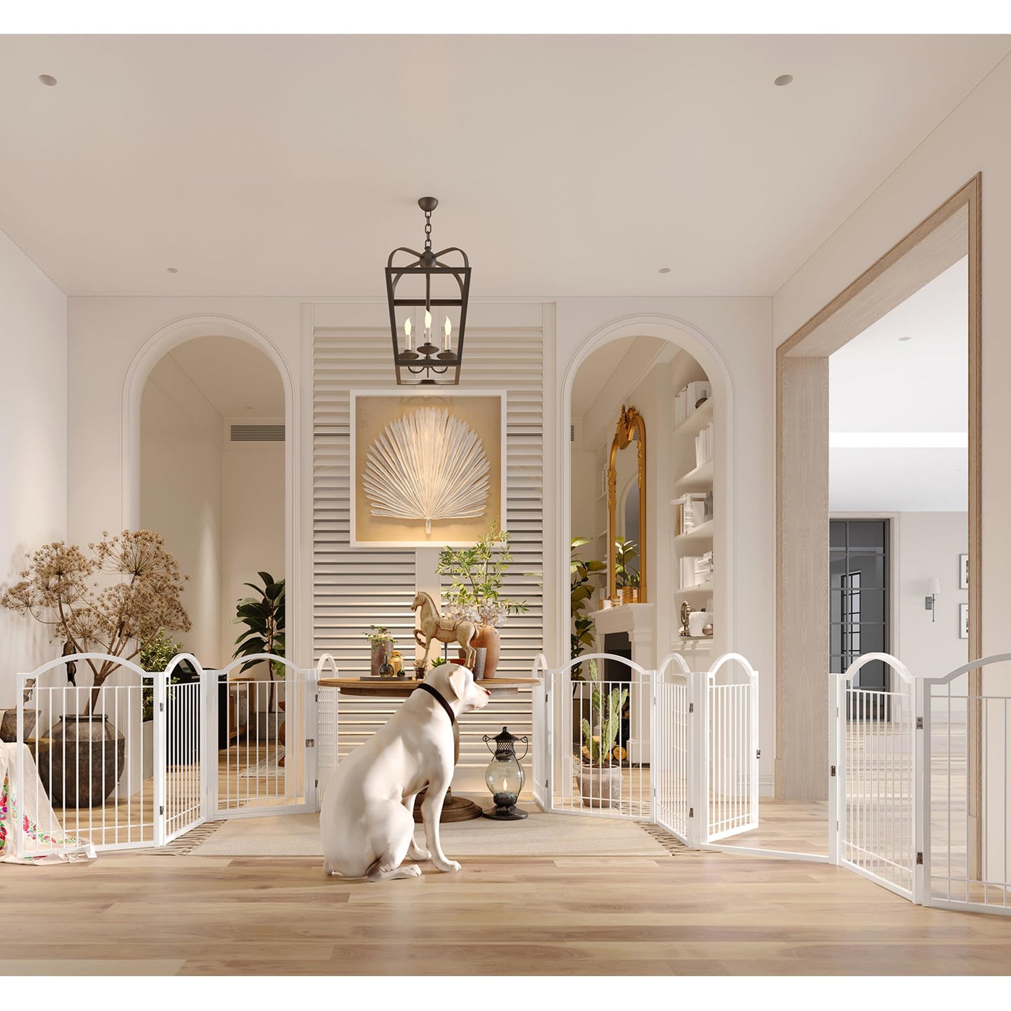 BHG Metal No-Assembly Freestanding Dog Gate with Door Walk Through, Extra Wide 144", Extra Tall 32" Pet Gate, Accordion Puppy Folding Playpen Dog Fence, with 2PCS Support (White, 6 panesl)