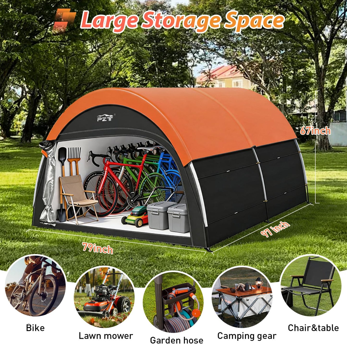 PZT Upgraded Bike Tent with Rain Cover, Portable Outdoor Storage Shed for 8-10 Bikes, 210D Oxford Fabric PU4000 Waterproof, Bike Shed/Bike Cover for Motorcycles, Garden Tools, Lawn Mower