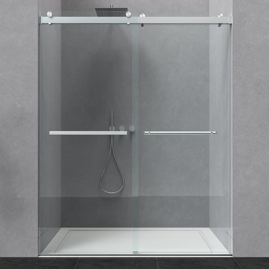 ENSO SENKA 56-60” W x 76” H Bathroom Dual Sliding Frameless Shower Door, 5/16" (8mm) Easy-to-Clean Treated Clear Tempered SGCC Glass, Brushed Nickel