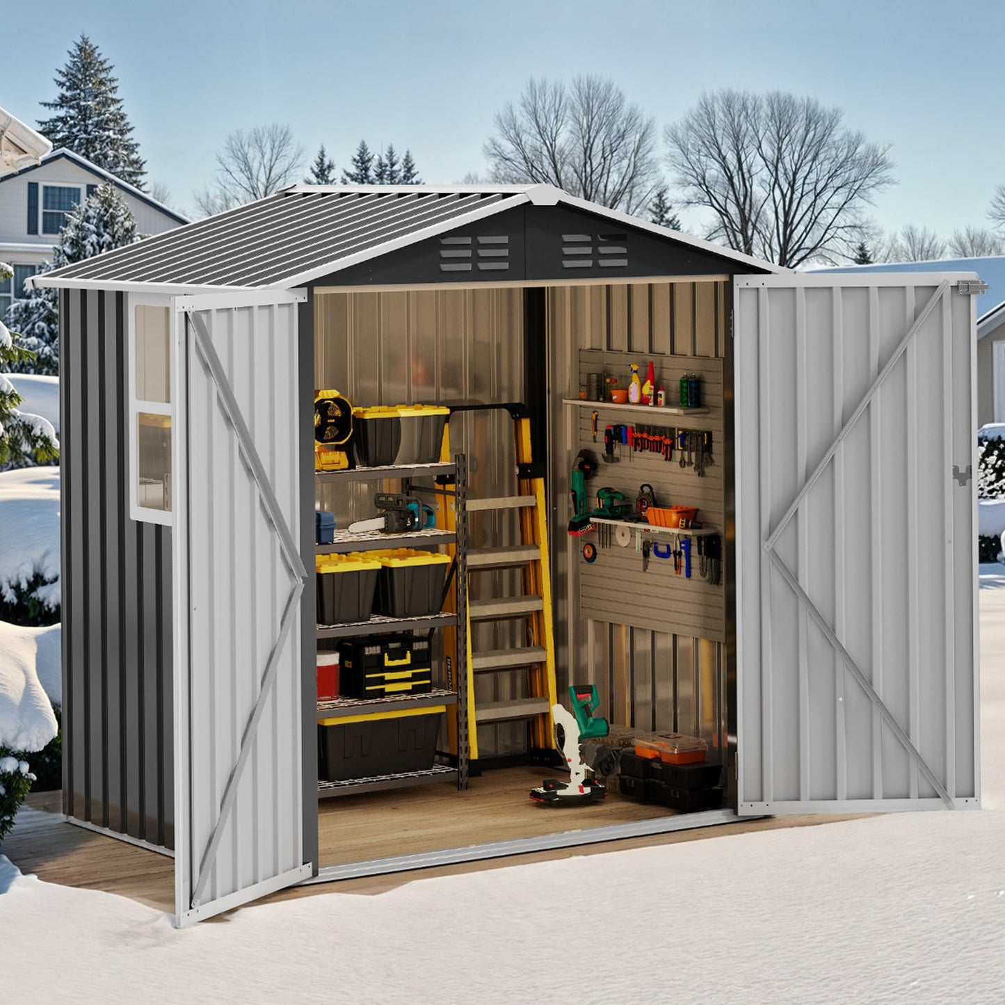 DWVO 6x4ft Metal Outdoor Storage Shed with Window, Lockable Tool Storage Sheds, Steel Garden Sheds with Sloped Roof for Backyard, Patio, Garage, Lawn, Gray + White