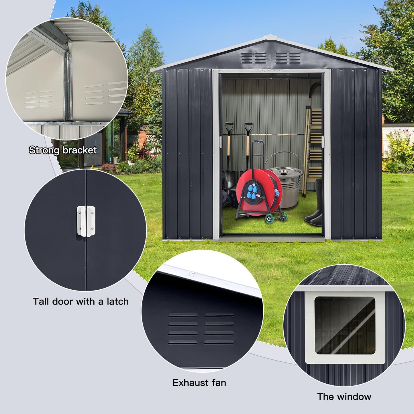 YOPTO 7x4.3 FT Metal Garden Sheds with Window,Outdoor Heavy-Duty Steel Storager Tool Shed W/Sliding Door and Punched Vents,Waterproof Building Organizer for Storing Motorcycle,Bicycles,Grey