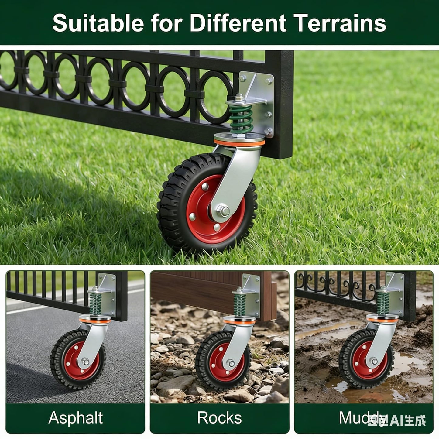 6 Inch Heavy Duty Gate Wheel, Spring Loaded 600 Lbs Capacity Gate Support Roller with 360° Swivel for Wooden Gate, Metal Tube Gate, Farm Gate & Driveway Gate, U-Bolt & Drill Mount Kit Included, 1 Pack
