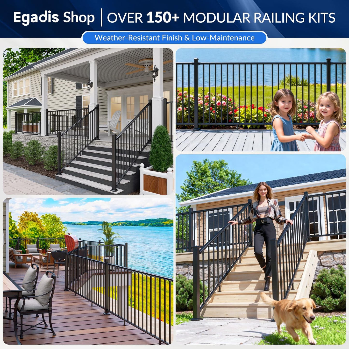 Egadis 42 in. H x 4 ft. W Porch and Deck Railing Kit, Aluminum Railing Kit, Black Textured AAMA 2604 Powder-Coat Finish Modular Rail System for Outdoor Decks, Porches & Balconies (1 Post, 1 Panel)