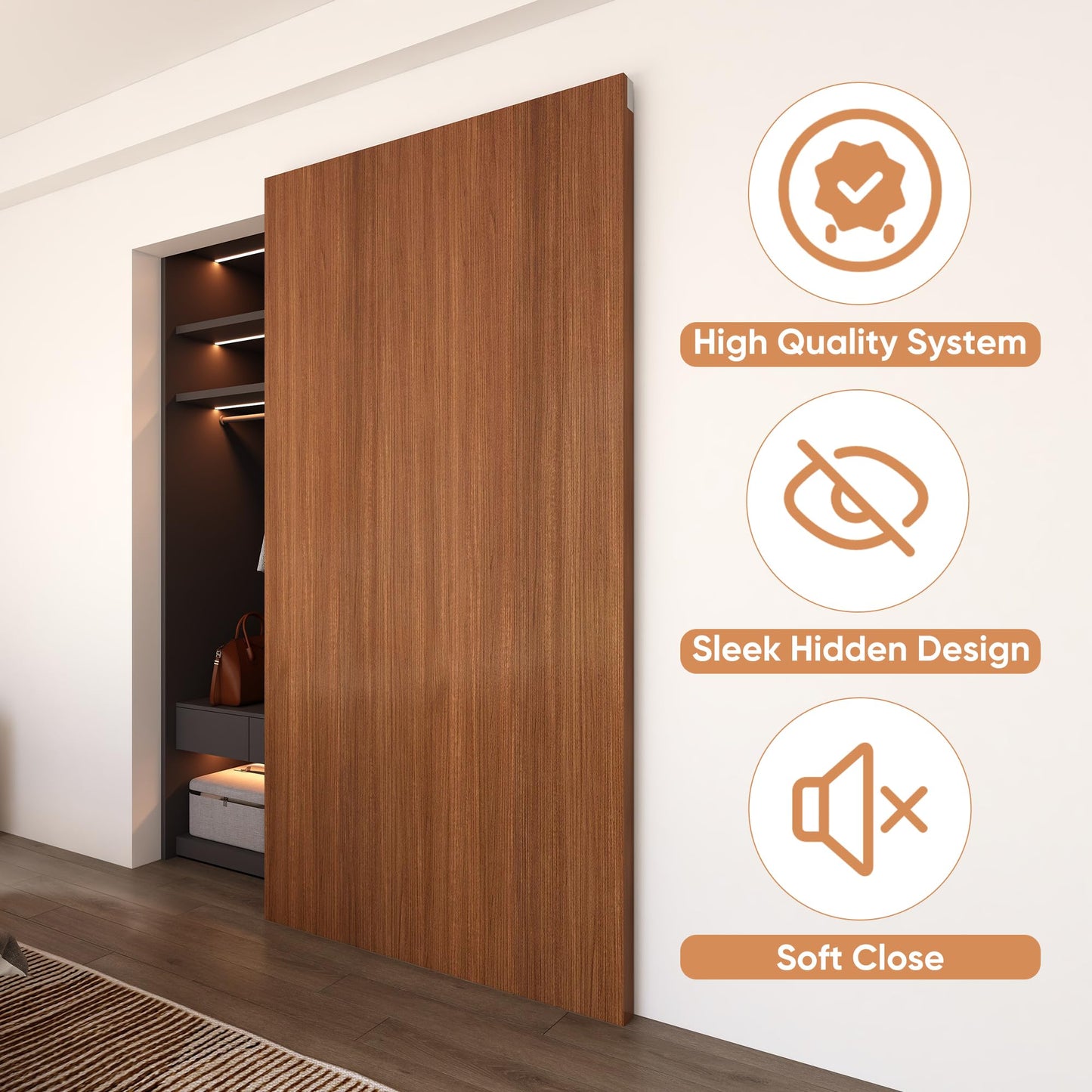 JUBEST 42" Concealed Barn Door Hardware Kit with Soft Close Mechanism, Wall Mounted Invisible Sliding Door Track for Opening Width 34" to 38", Hidden Barn Door Hardware Kit, Door Needs Groove