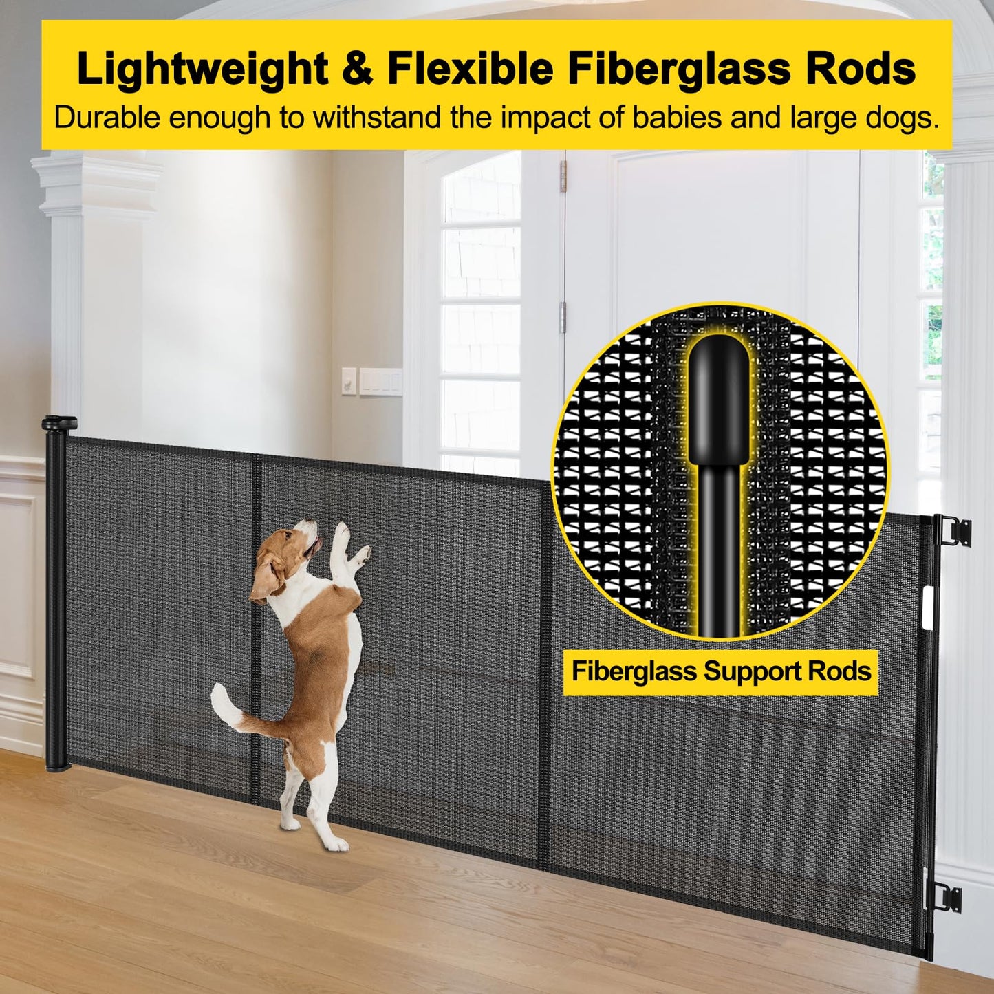 Reinforced 42” Tall x 200” Extra Wide Retractable Baby Gates, Extra Long Pet Gate with Support Rods, Outdoor Dog Gate for Wide Openings Large Baby Gates for Dogs Outdoor Gates for Decks, Black