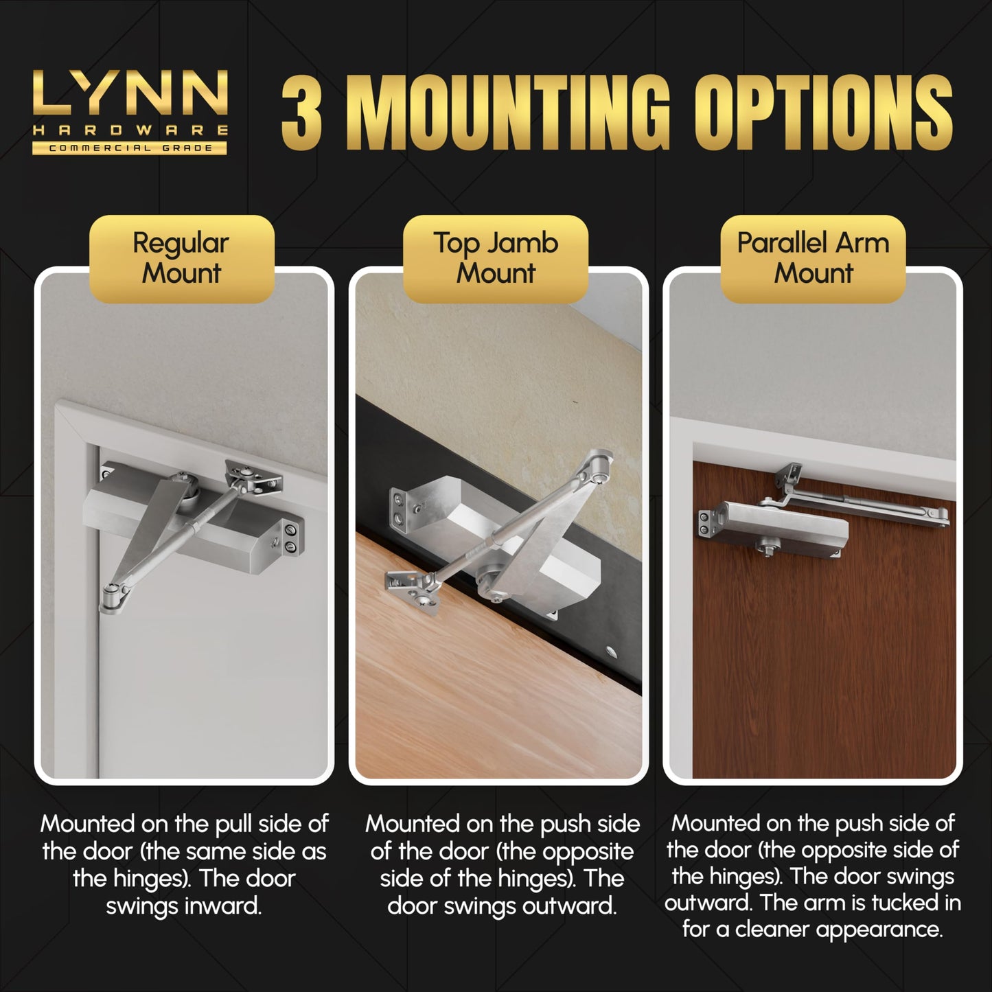 LYNN HARDWARE Medium Duty Automatic Door Closer (Silver) - Highly Durable Cast Aluminum, Commercial or Home Use, Adjustable Speed Controls, 3 Mounting Options, 3 Hour Fire Rated (DC6003 Model)