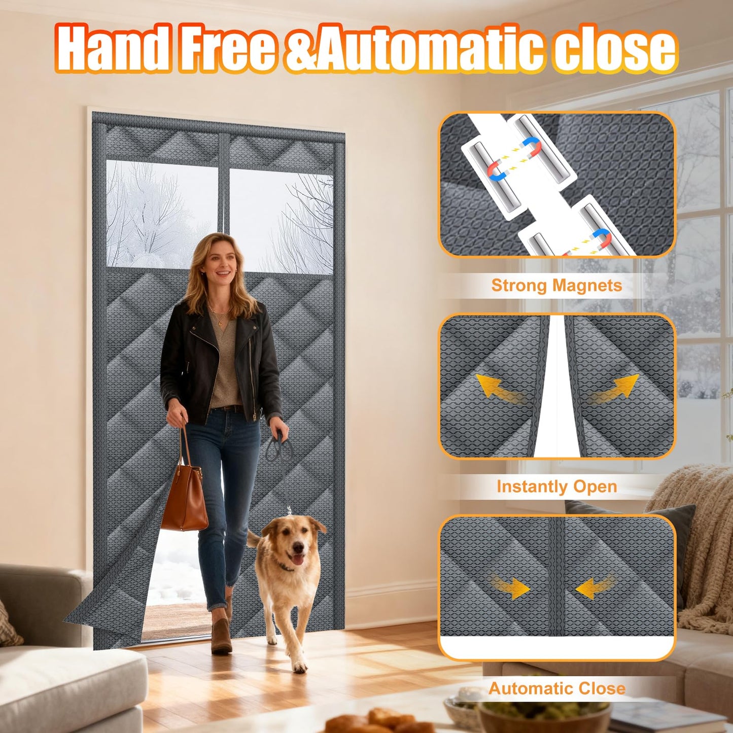 Magnetic Thermal Insulated Door Curtain with Transparent Window Insulated Door Cover Upgraded Oxford Filled with Thicken Cotton Thermal Insulated Curtains for Winter Waterproof and Windproof, Grey