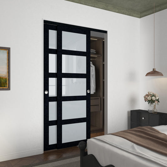 BARNSMITH 48x80 Sliding Closet Door, 5-Panels Preassembled Frosted Glass Door Panel with Hardware Kits & Matching Fascia, MDF Covered with Water-Proof & Anti-Scratch PVC Surface, Black