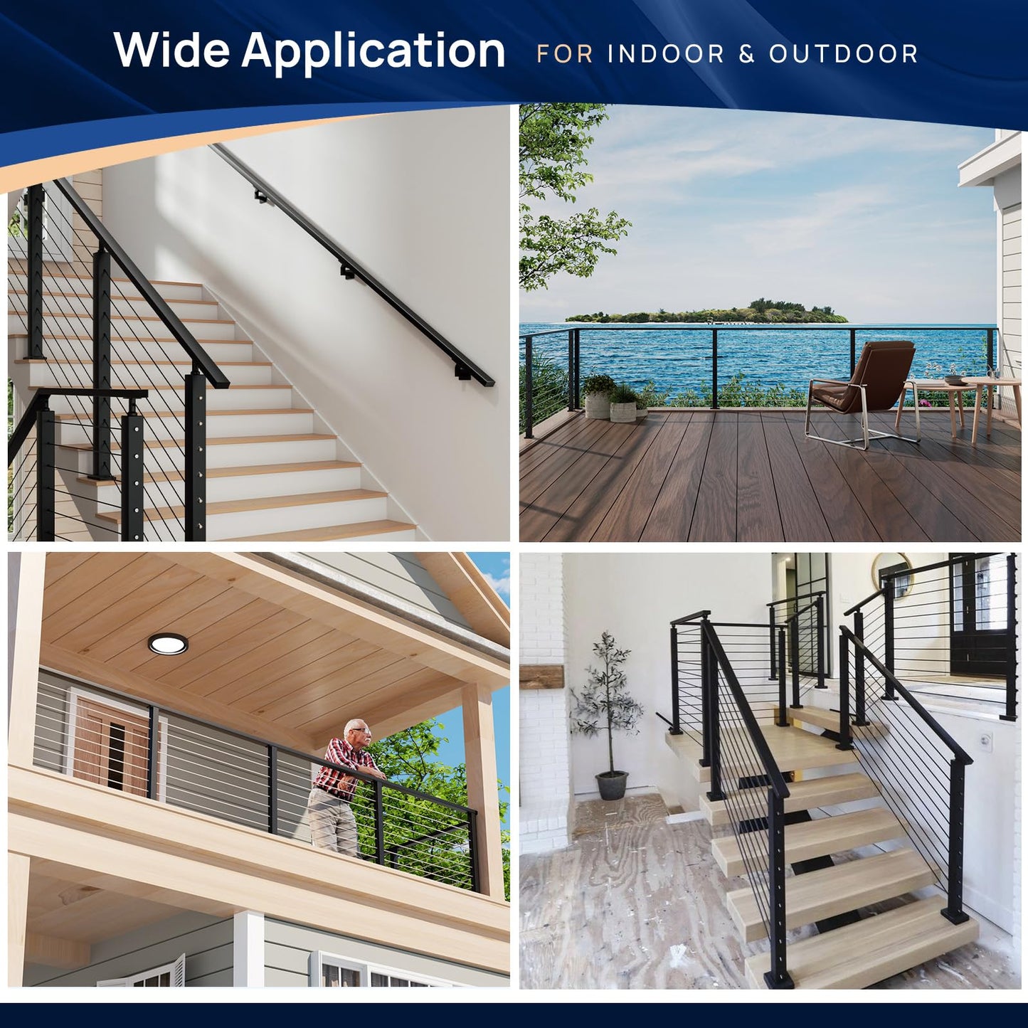2 Pack 10FTx 2"x1" Aluminum Black Handrail with Self Drilling Screws Nylon End Caps, AAMA 2604 Coating, 2.8mm Thick Flat Handrail Cuttable Top Rail for Deck Stair Railing Indoor Outdoor