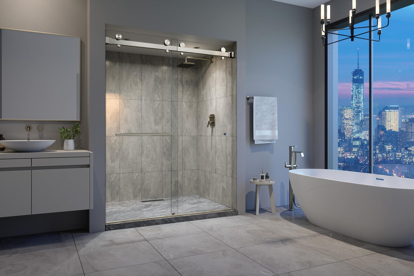 Eurotech Showers VITRA-200 56.5-59" W x 78" H Twinglide Frameless Shower Door w/ 3/8" Clear Tempered Glass (Brushed Nickel)