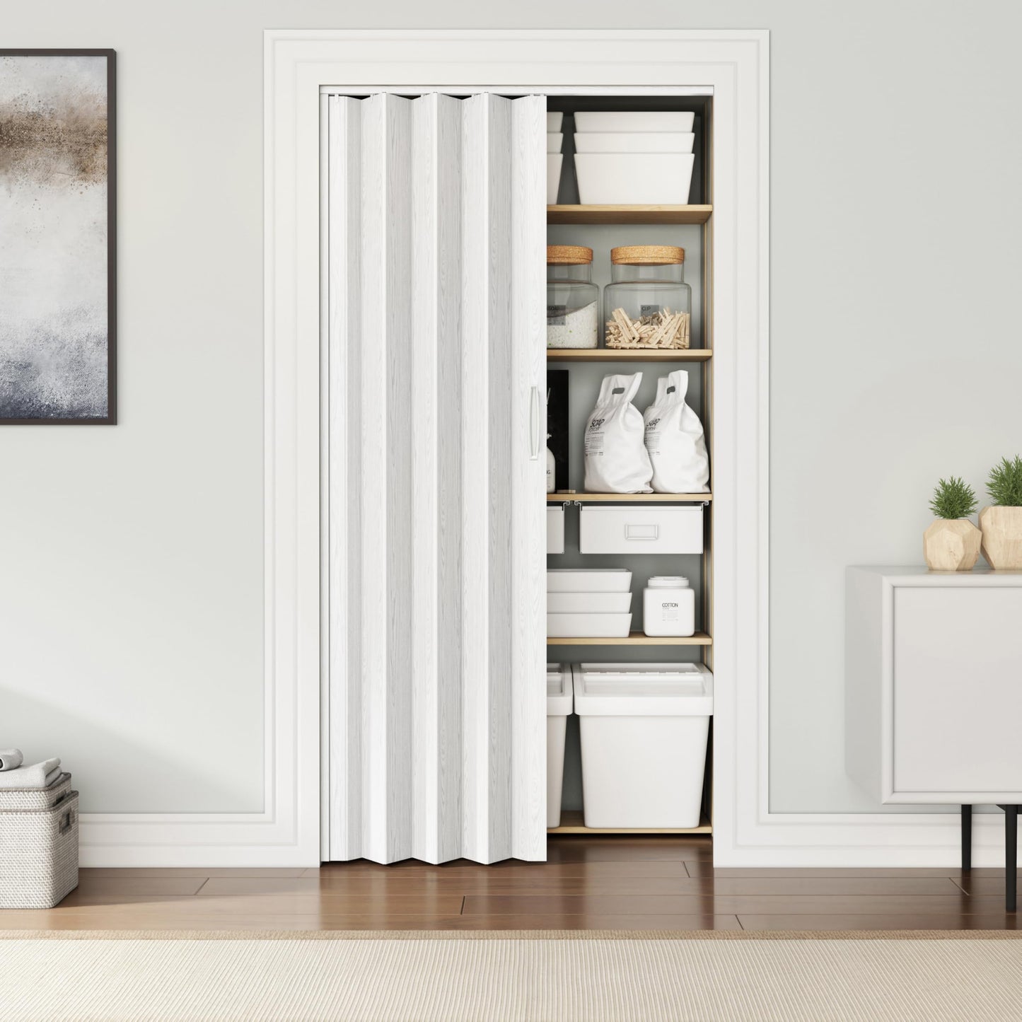 Techni Home Studio Series 48" W x 80" H PVC Foldable Accordion Door, Trimmable, Flexible Single Layer Panels, White Oak