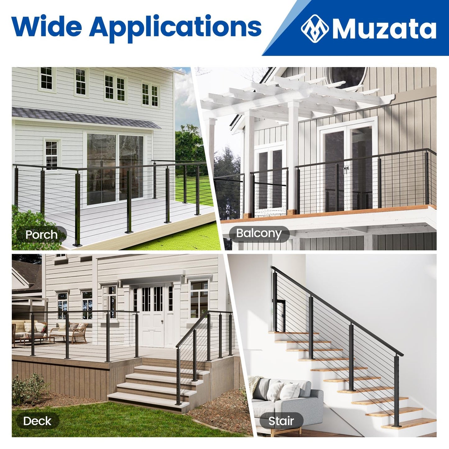 Muzata 15-20FT Modular Black Cable Railing Kit 42 Inch 4 Level Post Kit Complete Set Cable Railing System for Decks Length Adjustable Easy DIY with Paper User Guide (No Handrail) RWS1 BH4L