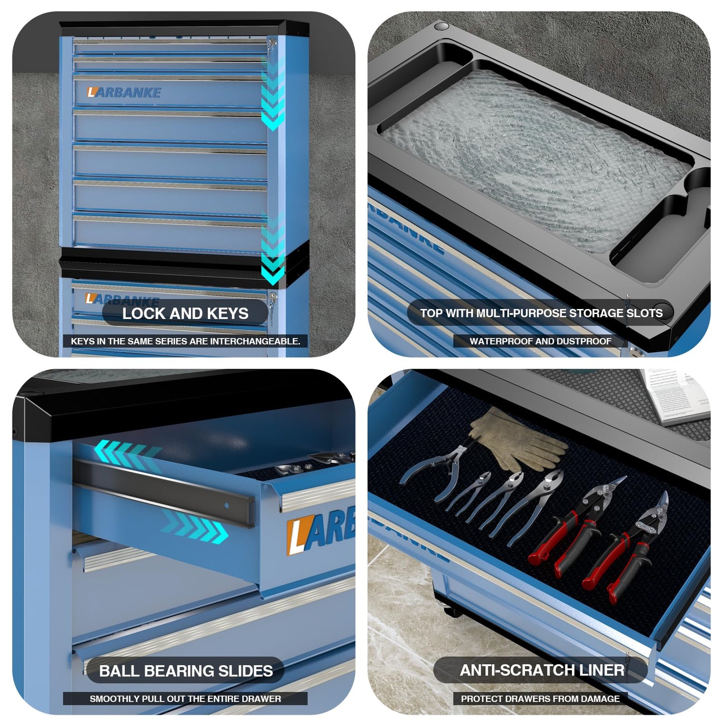 LARBANKE 5-Drawer Rolling Tool Chest with 360° Wheels and Lock&Keys,Tool Cabinet with Non-slip Pearl Cotton Mat and Multifunctional Countertop,Connecting Rods Can Be Connected with 7-Drawer Tool Chest