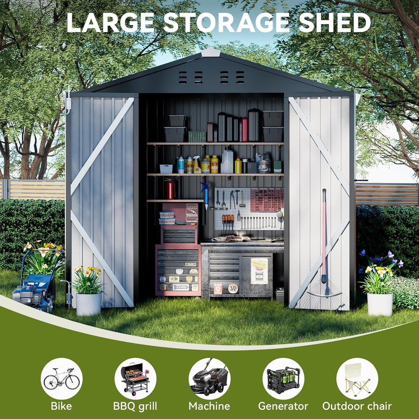 COMHOMA Shed Outdoor Storage Shed Metal,Lockable Doors Tool Sheds with Sloping Roof,Steel Garden Shed with Air Vent for Backyard,Patio,Lawn,Poolside (Grey, 6'x4')