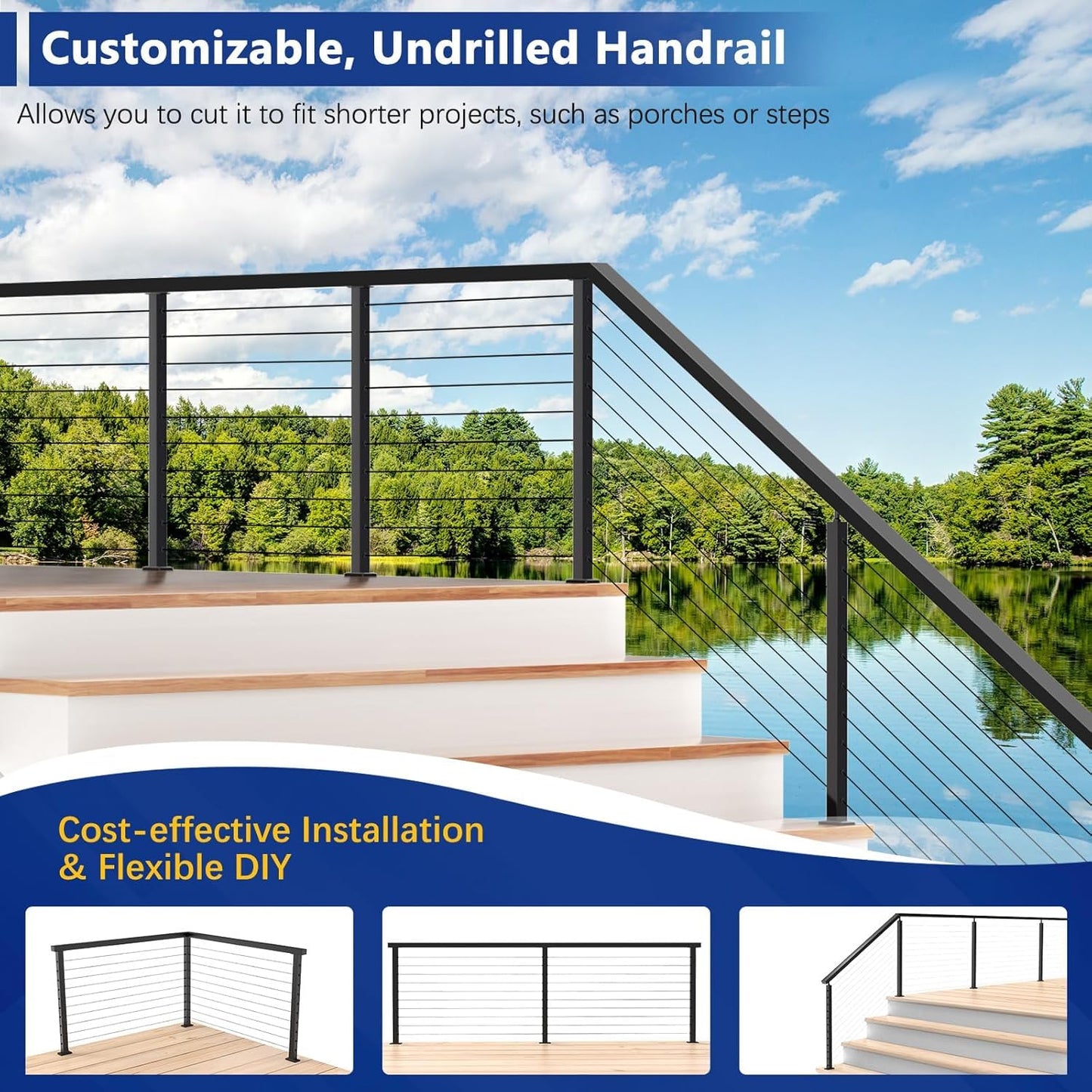 Zylorix 3Pack Modular 12FT Aluminum Black Handrail for Lake House Deck Railing, 2.36" W X 1.18" H Cuttable Rectangular Flat Top Hand Rail for DIY Outdoor Deck Stair Cable Railing(Screws Included)