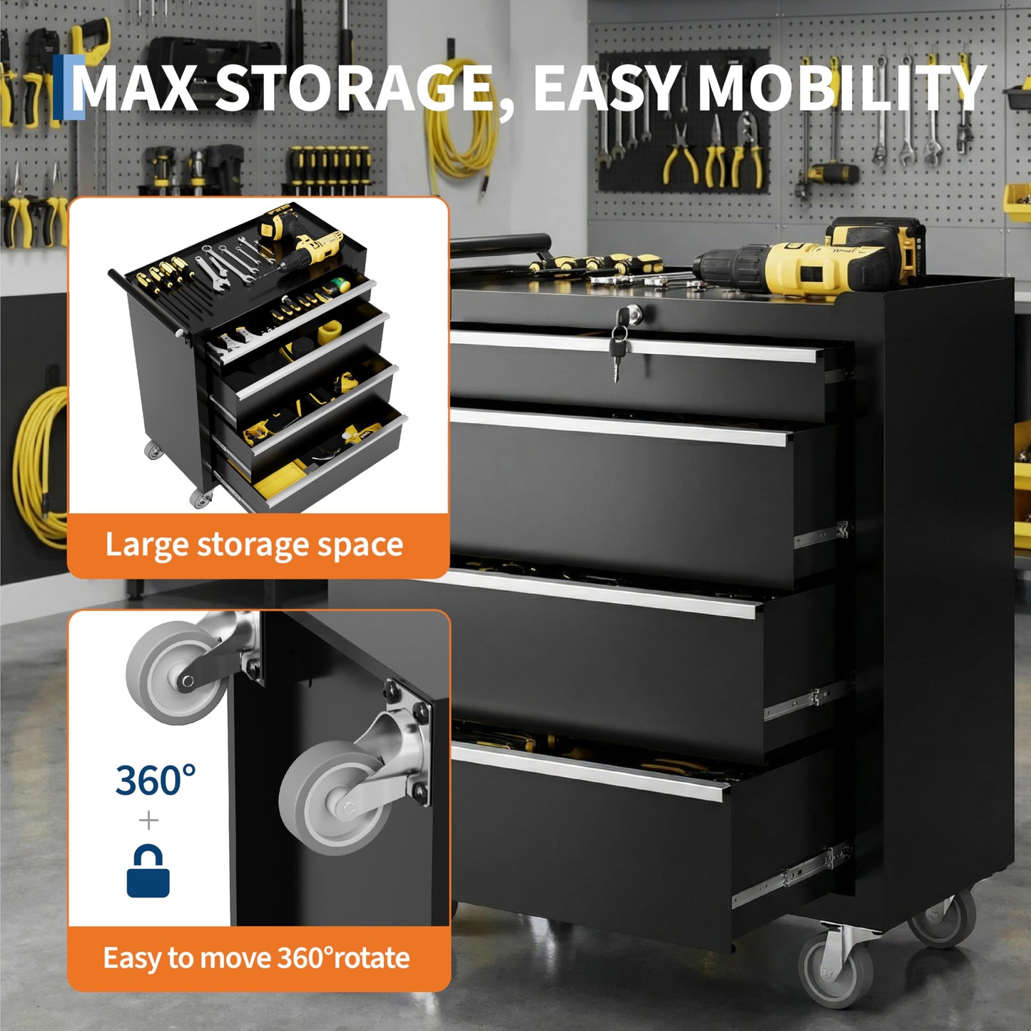 IDEALHOUSE Rolling Tool Chest, 4 Drawers Tool Storage Cabinet, Toolbox with Wheels, Portable Tool Cabinet Organizer with Locking System & Drawer Liners, Tool Storage Cart for Garage, Workshop, Black