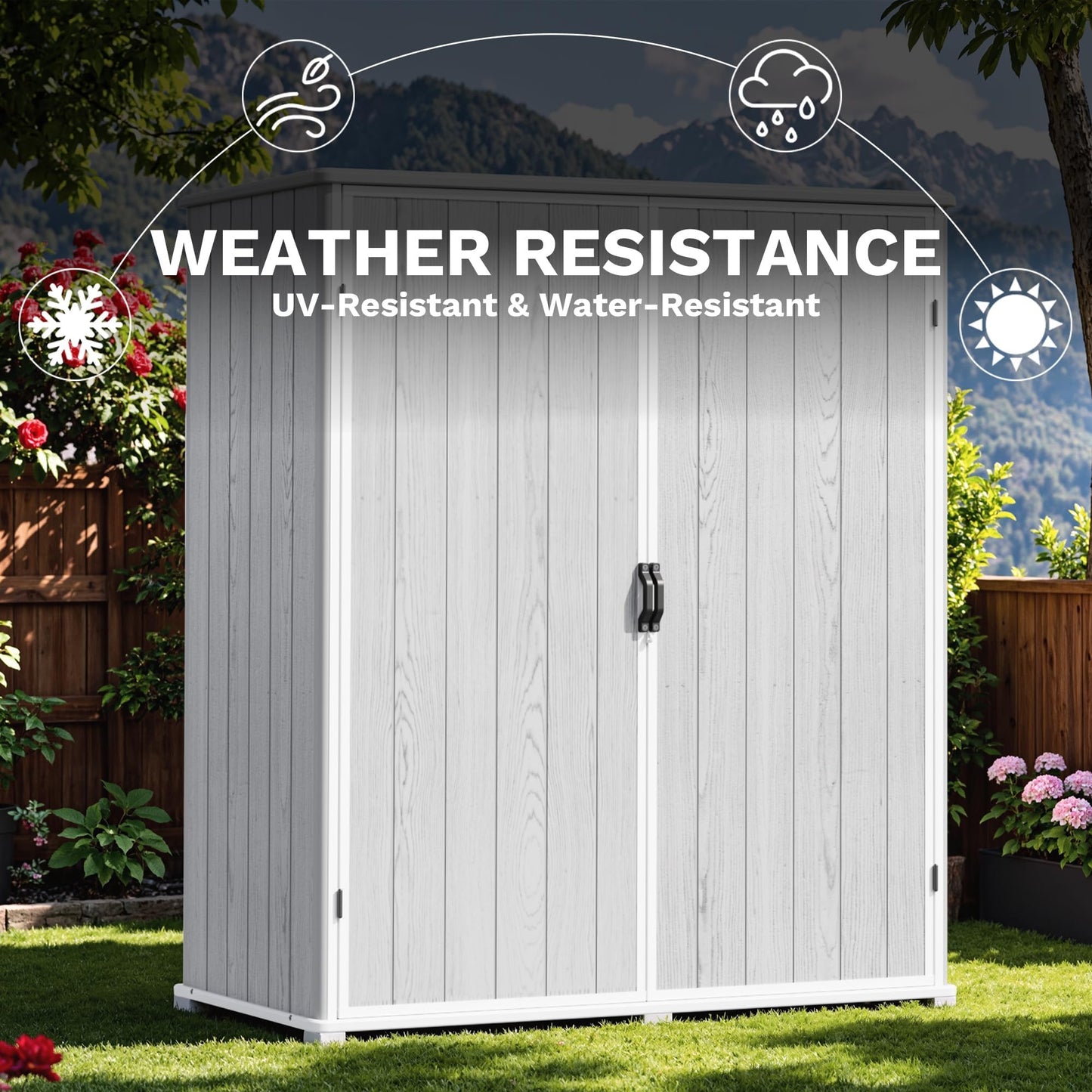 Devoko 5x3 FT Resin Storage Shed with Floor, Plastic Outdoor Storage Cabinet with Lockable Door, Waterproof Vertical Tool Small Shed for Patio Garden Backyard, Light Gray